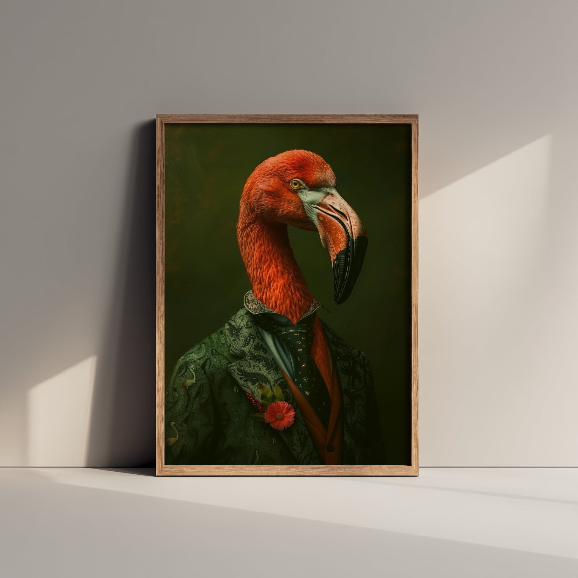 Flamingo in a Suit Art Print - Whimsical Animal Portrait Poster - Quirky Flamingo Painting - Green Suit Gent 1/3