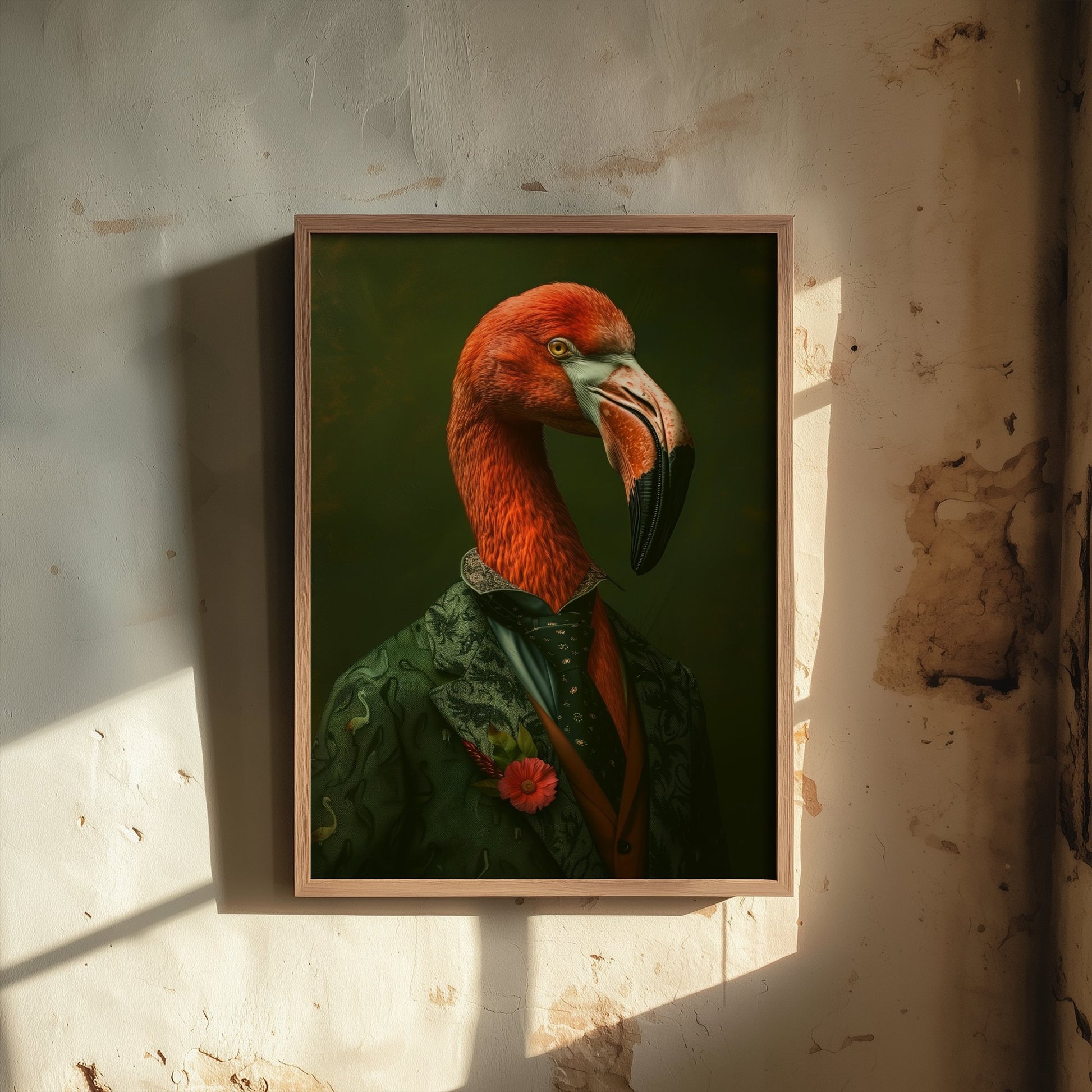 Flamingo in a Suit Art Print - Whimsical Animal Portrait Poster - Quirky Flamingo Painting - Green Suit Gent 1/3