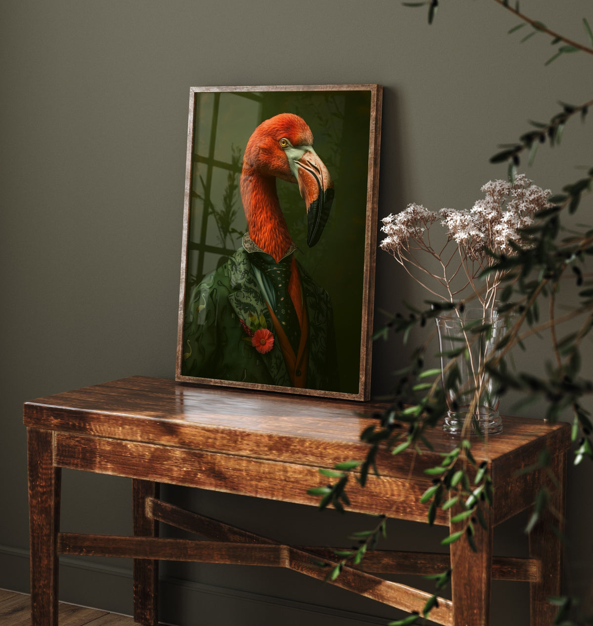 Flamingo in a Suit Art Print - Whimsical Animal Portrait Poster - Quirky Flamingo Painting - Green Suit Gent 1/3