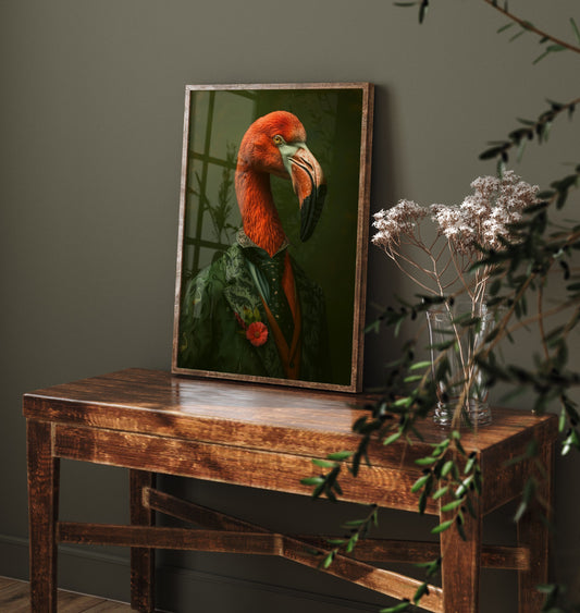 Flamingo in a Suit Art Print - Whimsical Animal Portrait Poster - Quirky Flamingo Painting - Green Suit Gent 1/3