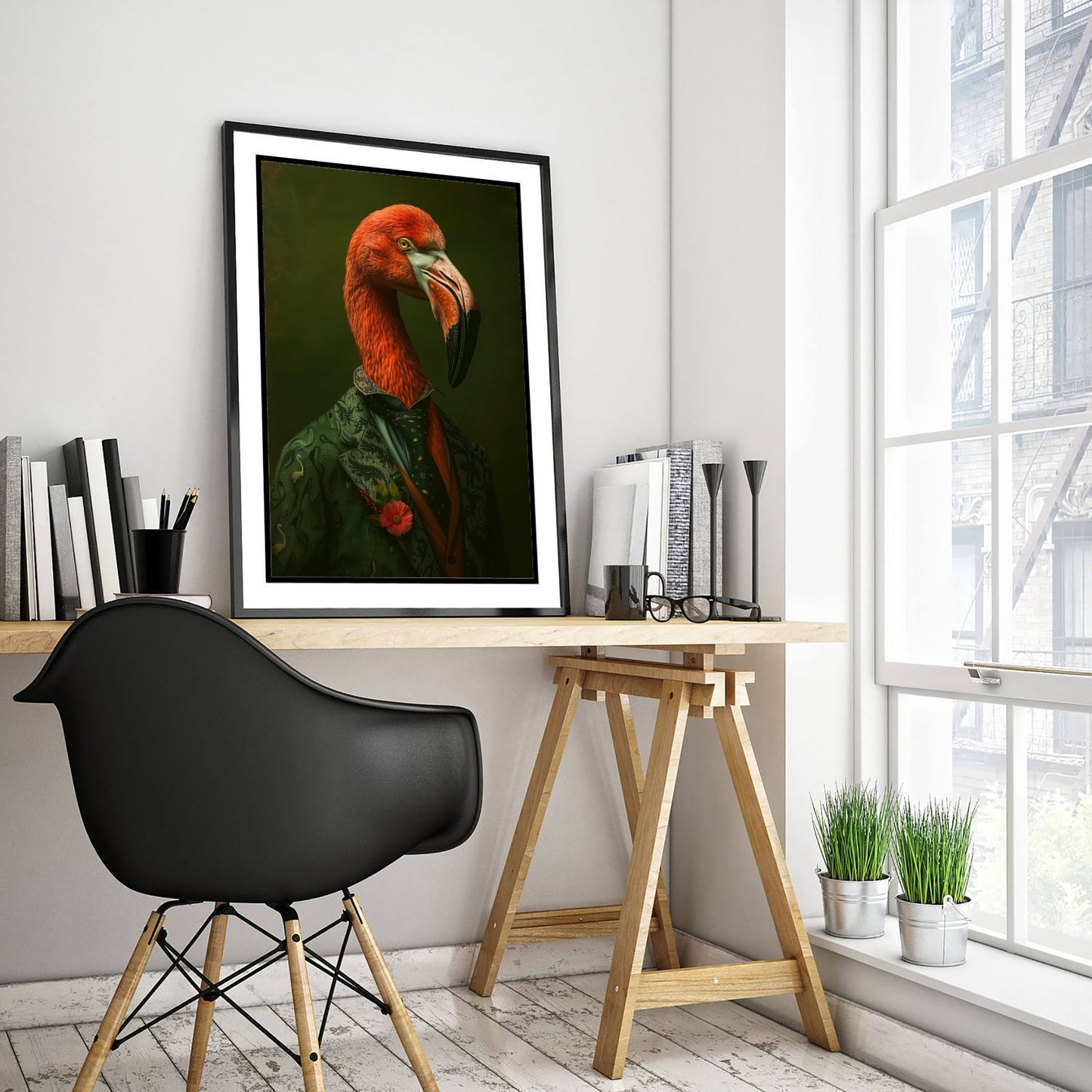 Flamingo in a Suit Art Print - Whimsical Animal Portrait Poster - Quirky Flamingo Painting - Green Suit Gent 1/3