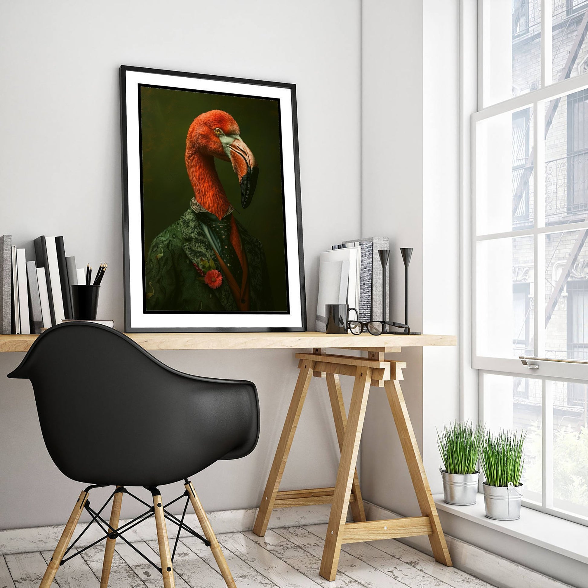 Flamingo in a Suit Art Print - Whimsical Animal Portrait Poster - Quirky Flamingo Painting - Green Suit Gent 1/3