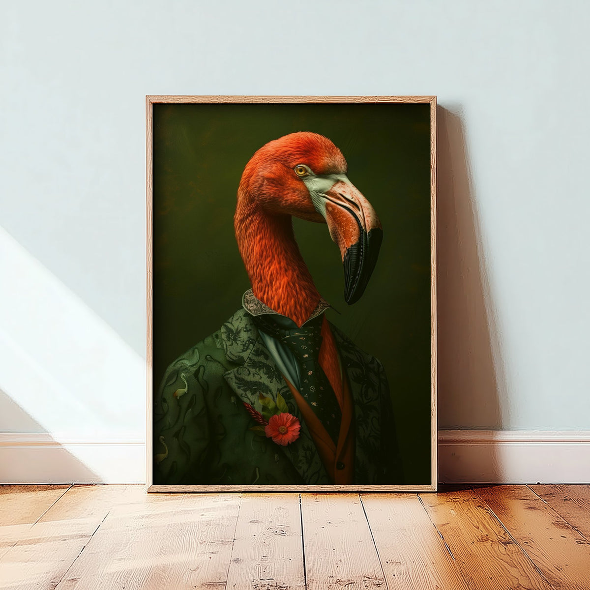 Flamingo in a Suit Art Print - Whimsical Animal Portrait Poster - Quirky Flamingo Painting - Green Suit Gent 1/3