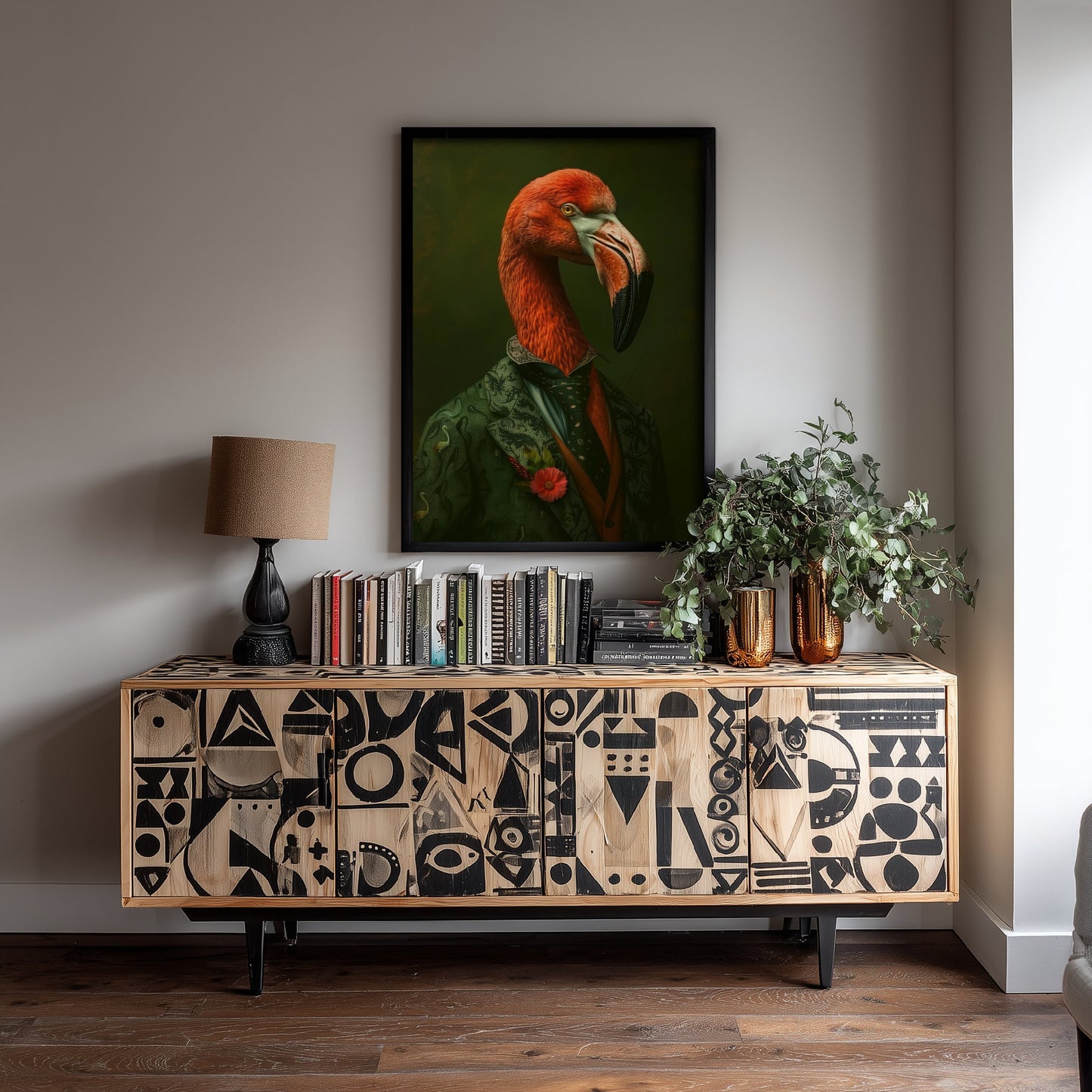 Flamingo in a Suit Art Print - Whimsical Animal Portrait Poster - Quirky Flamingo Painting - Green Suit Gent 1/3