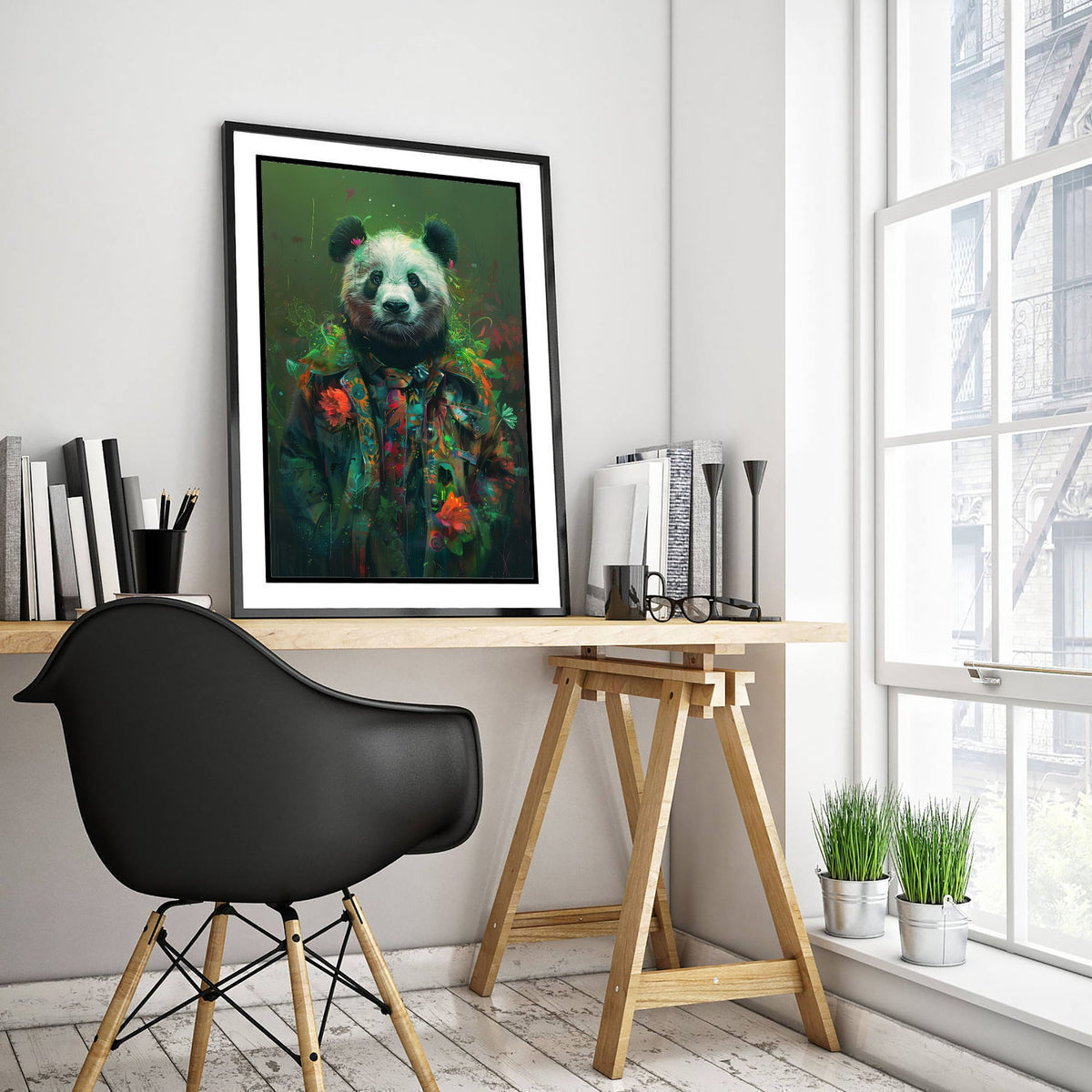 Panda in a Suit Art Print - Whimsical Animal Portrait Poster - Quirky Panda Painting - Floral Dandy 2/3
