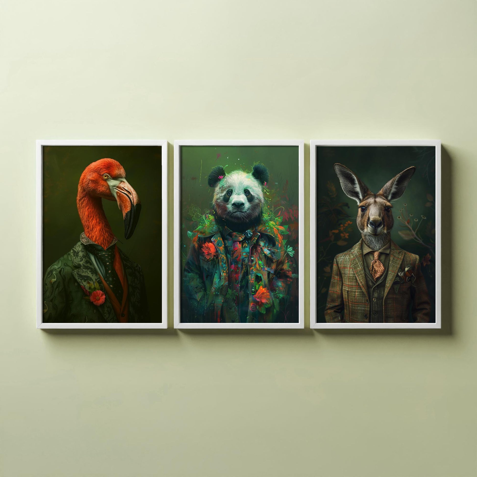Animals in Suits Set of Three Art Prints - Flamingo, Panda, Kangaroo Portrait Posters - Eclectic Animal Painting Decor