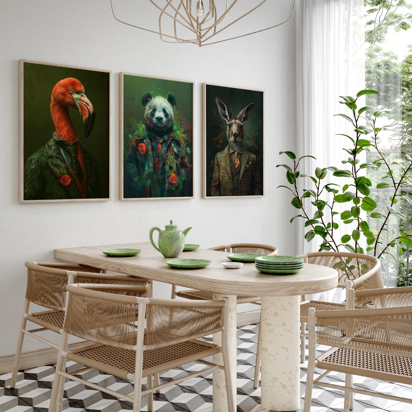 Animals in Suits Set of Three Art Prints - Flamingo, Panda, Kangaroo Portrait Posters - Eclectic Animal Painting Decor
