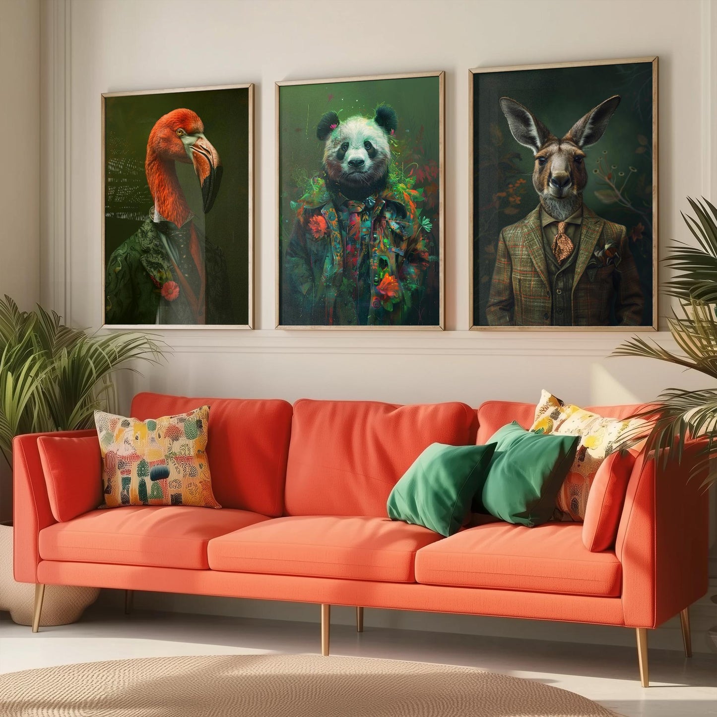 Animals in Suits Set of Three Art Prints - Flamingo, Panda, Kangaroo Portrait Posters - Eclectic Animal Painting Decor