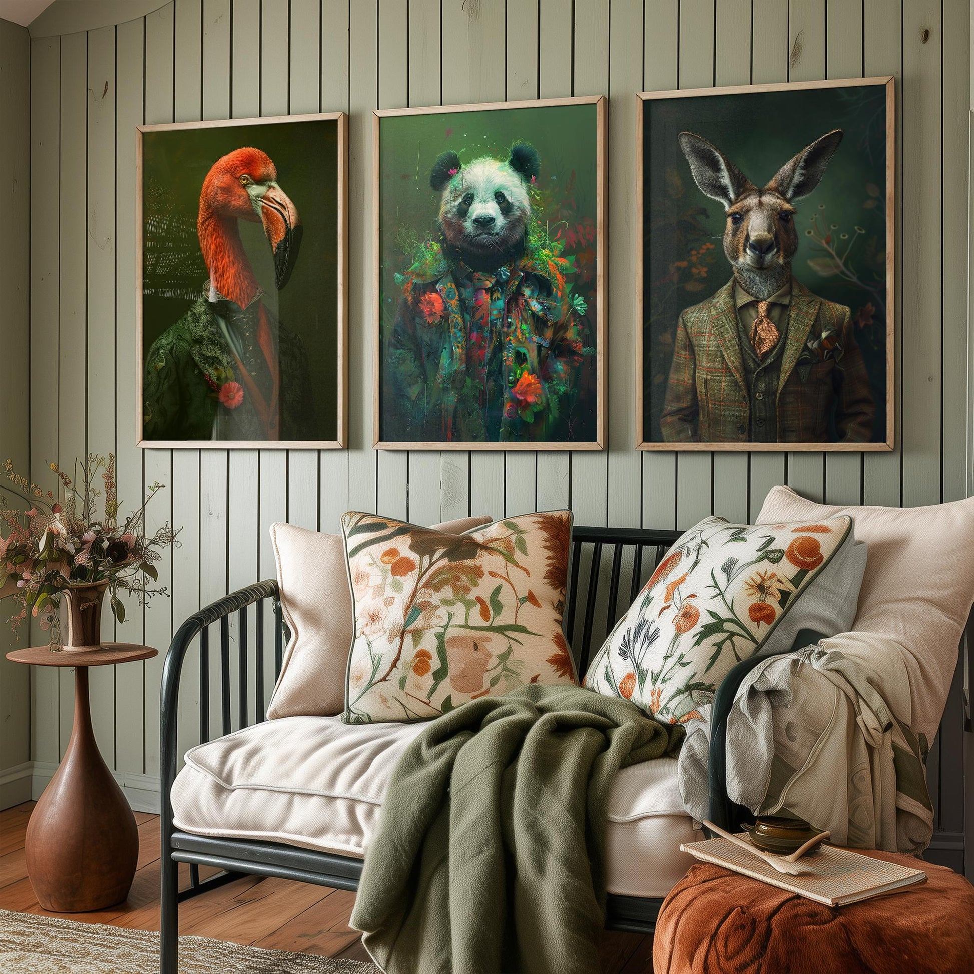 Animals in Suits Set of Three Art Prints - Flamingo, Panda, Kangaroo Portrait Posters - Eclectic Animal Painting Decor