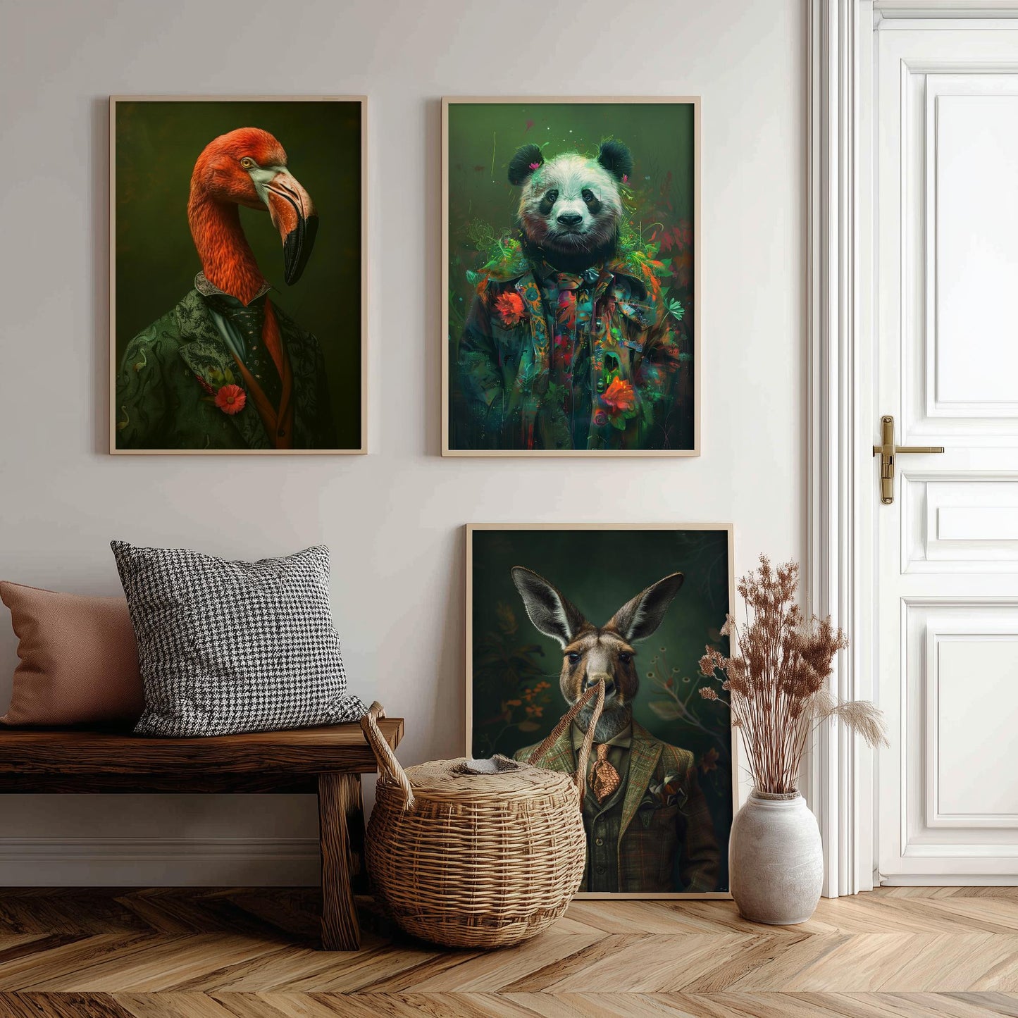 Animals in Suits Set of Three Art Prints - Flamingo, Panda, Kangaroo Portrait Posters - Eclectic Animal Painting Decor