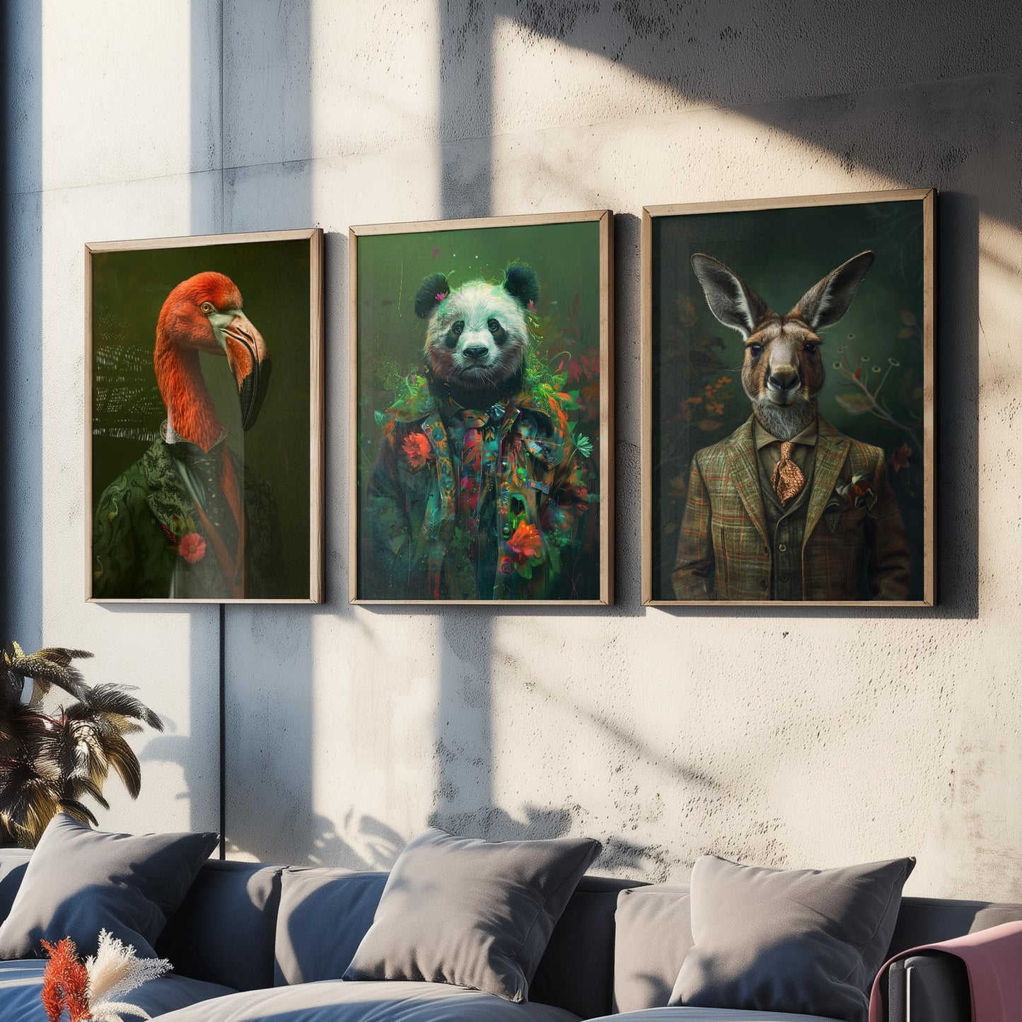 Animals in Suits Set of Three Art Prints - Flamingo, Panda, Kangaroo Portrait Posters - Eclectic Animal Painting Decor