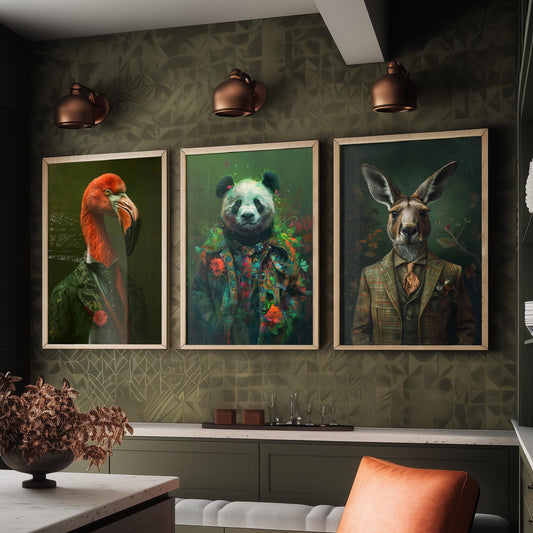 Animals in Suits Set of Three Art Prints - Flamingo, Panda, Kangaroo Portrait Posters - Eclectic Animal Painting Decor