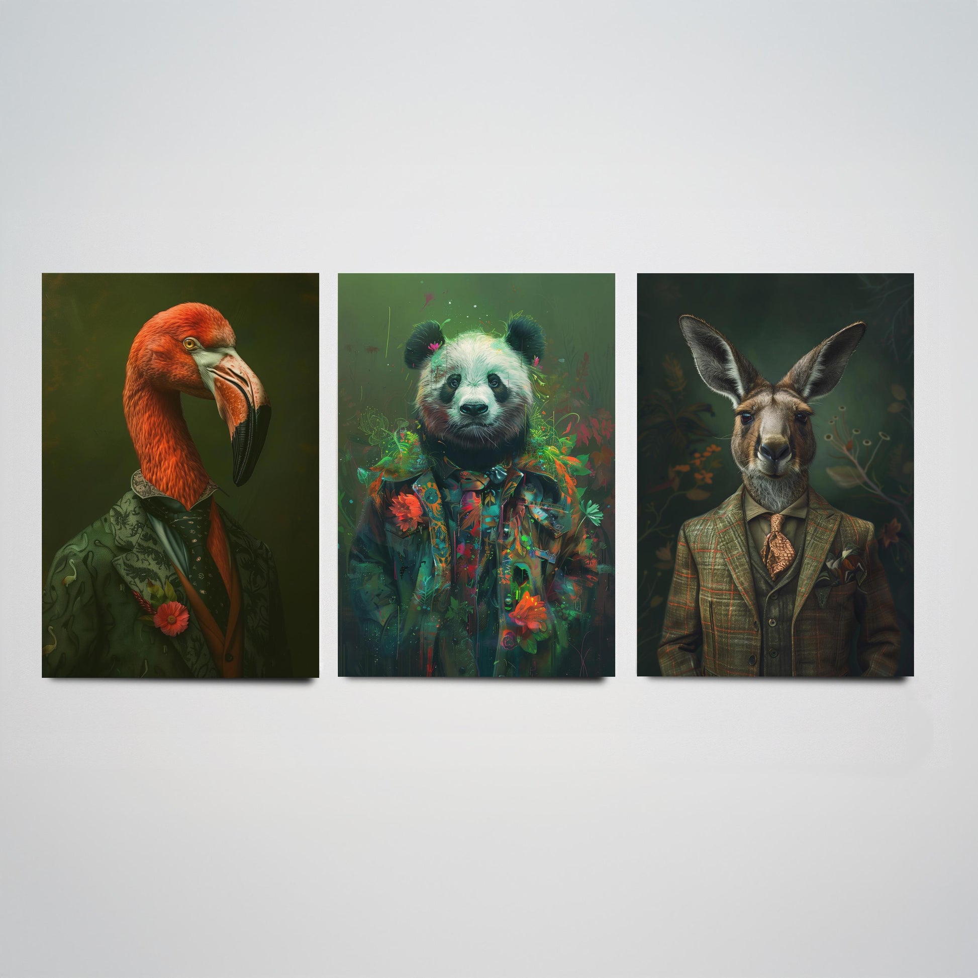 Animals in Suits Set of Three Art Prints - Flamingo, Panda, Kangaroo Portrait Posters - Eclectic Animal Painting Decor