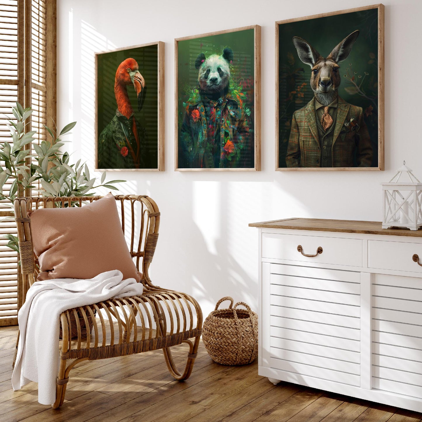 Animals in Suits Set of Three Art Prints - Flamingo, Panda, Kangaroo Portrait Posters - Eclectic Animal Painting Decor