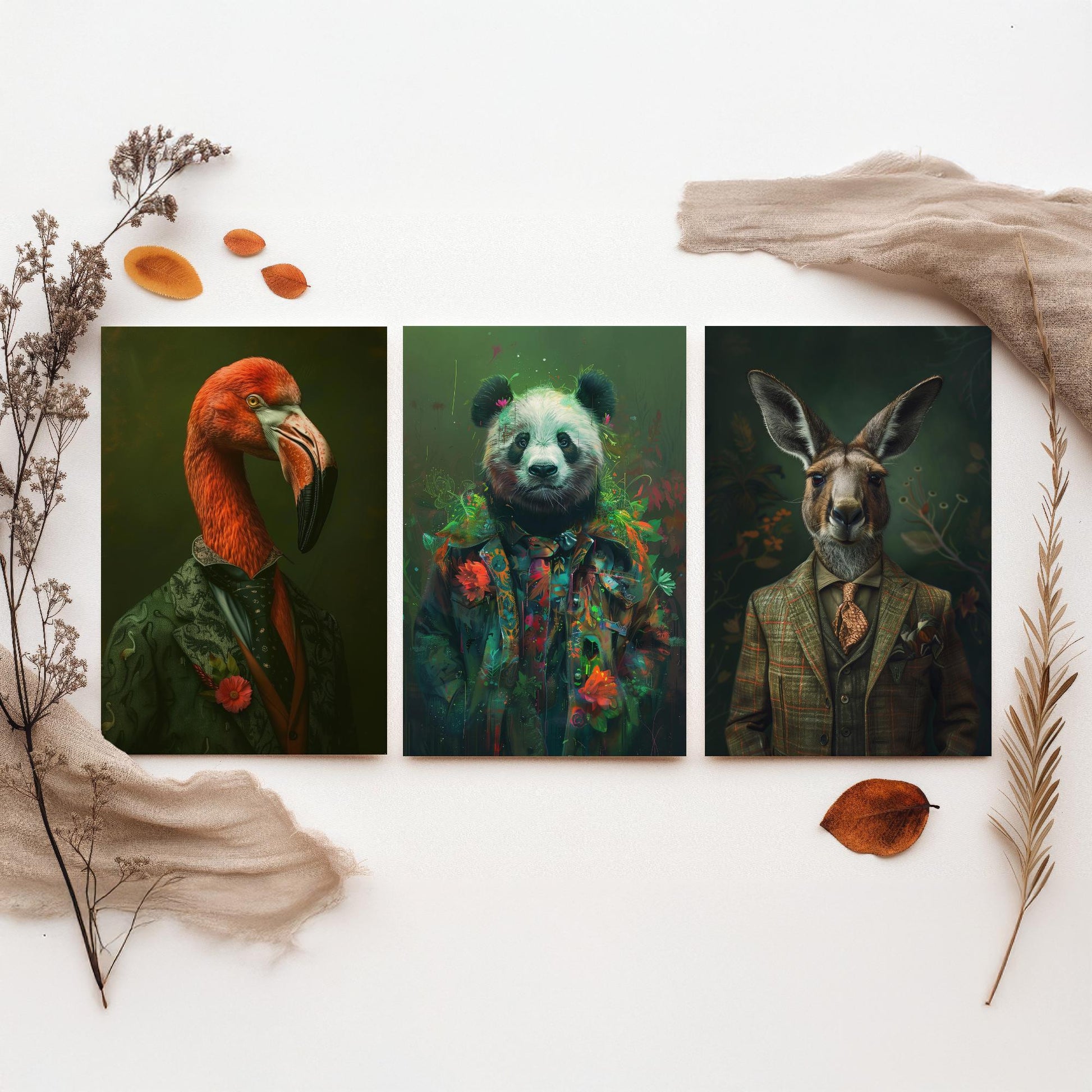 Animals in Suits Set of Three Art Prints - Flamingo, Panda, Kangaroo Portrait Posters - Eclectic Animal Painting Decor