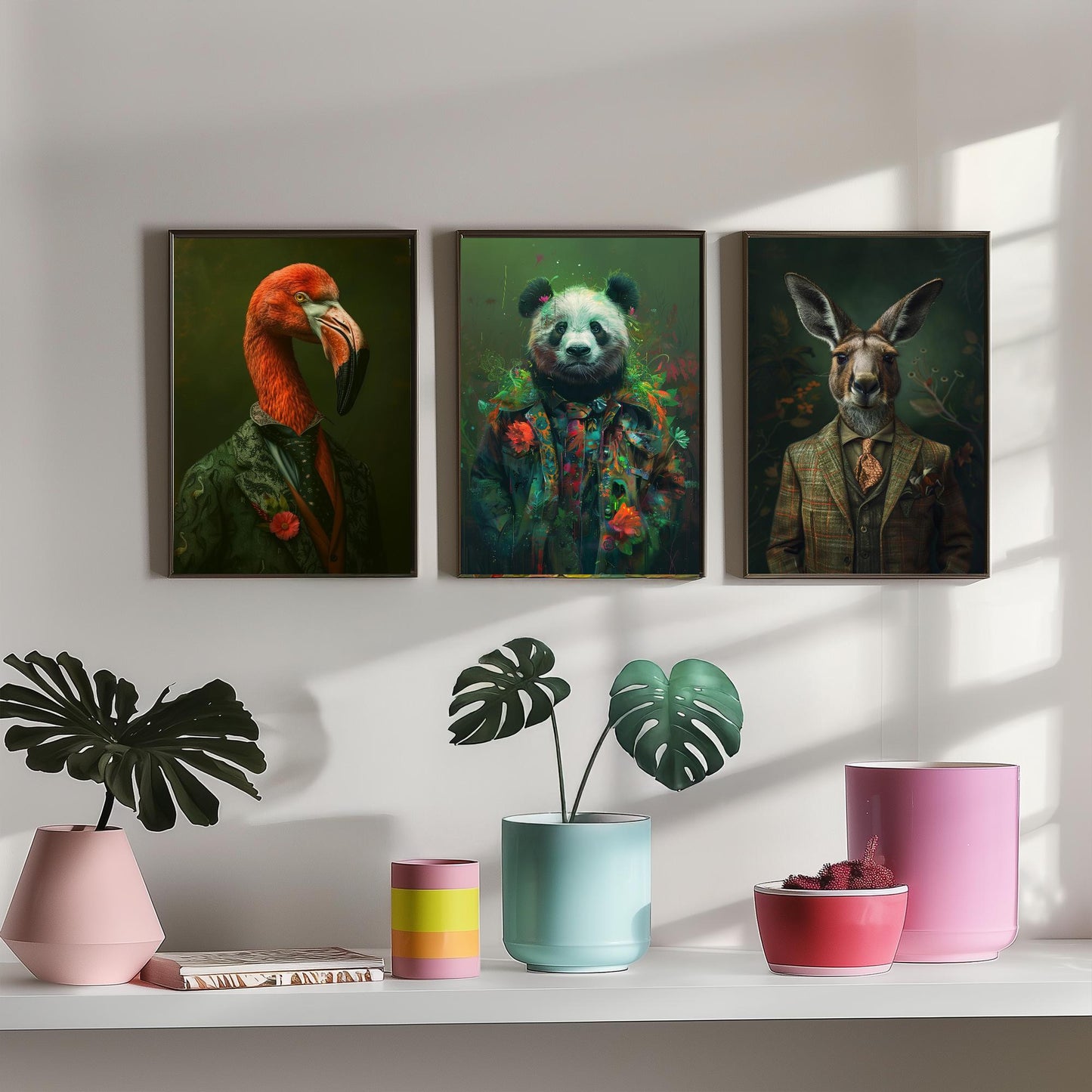 Animals in Suits Set of Three Art Prints - Flamingo, Panda, Kangaroo Portrait Posters - Eclectic Animal Painting Decor