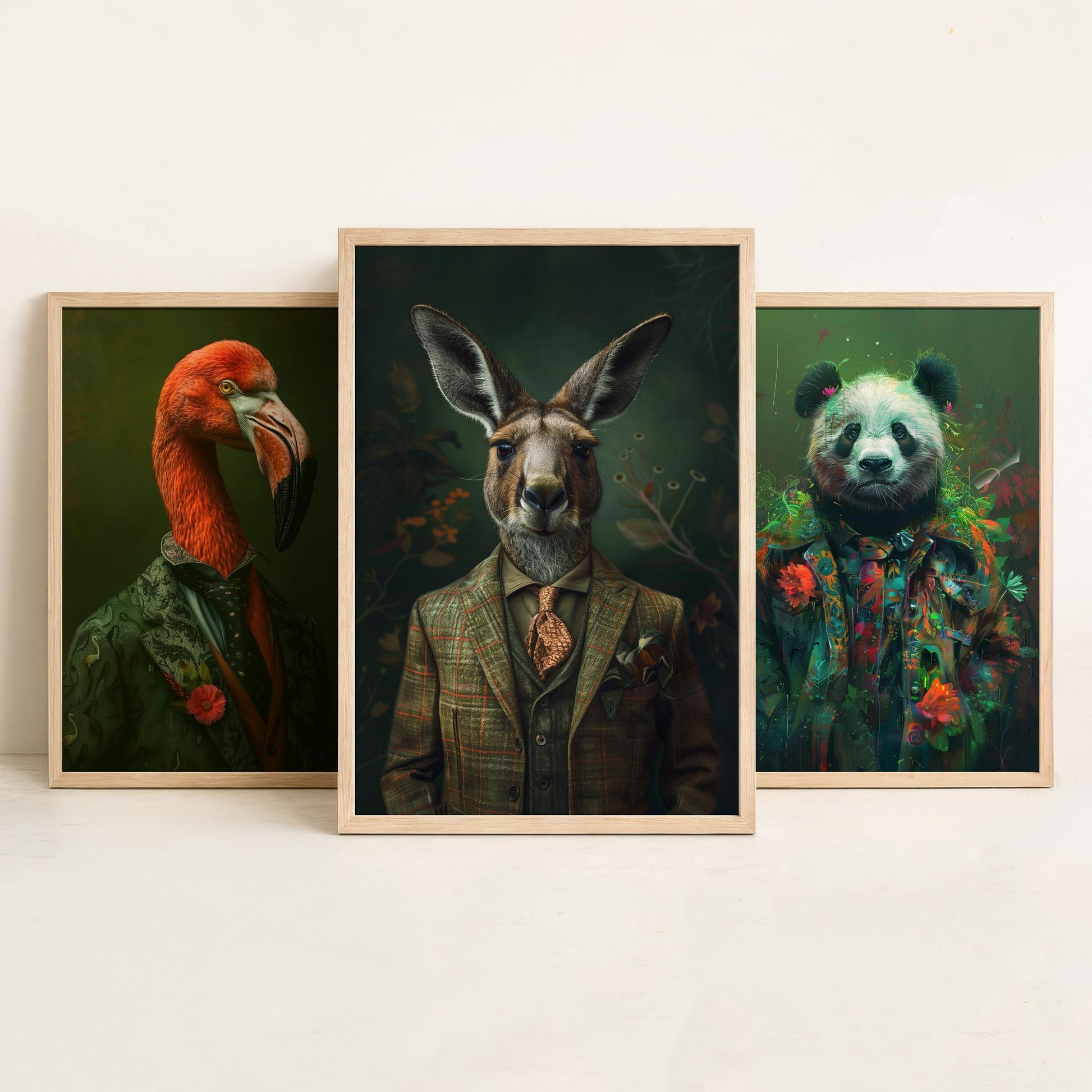 Animals in Suits Set of Three Art Prints - Flamingo, Panda, Kangaroo Portrait Posters - Eclectic Animal Painting Decor