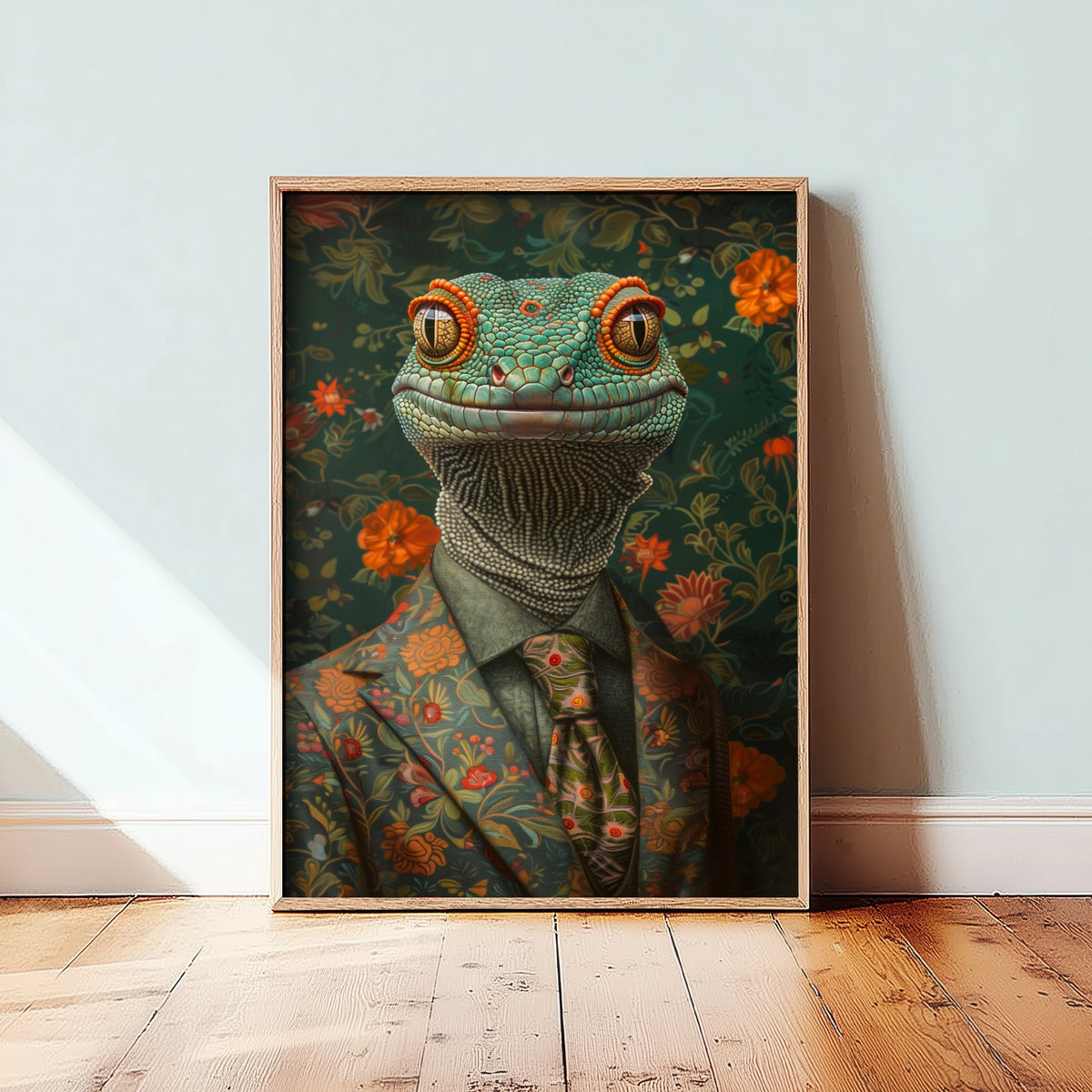 Gecko in a Suit Art Print - Whimsical Animal Portrait Poster - Quirky Gecko Painting - Floral Dandy 1/3