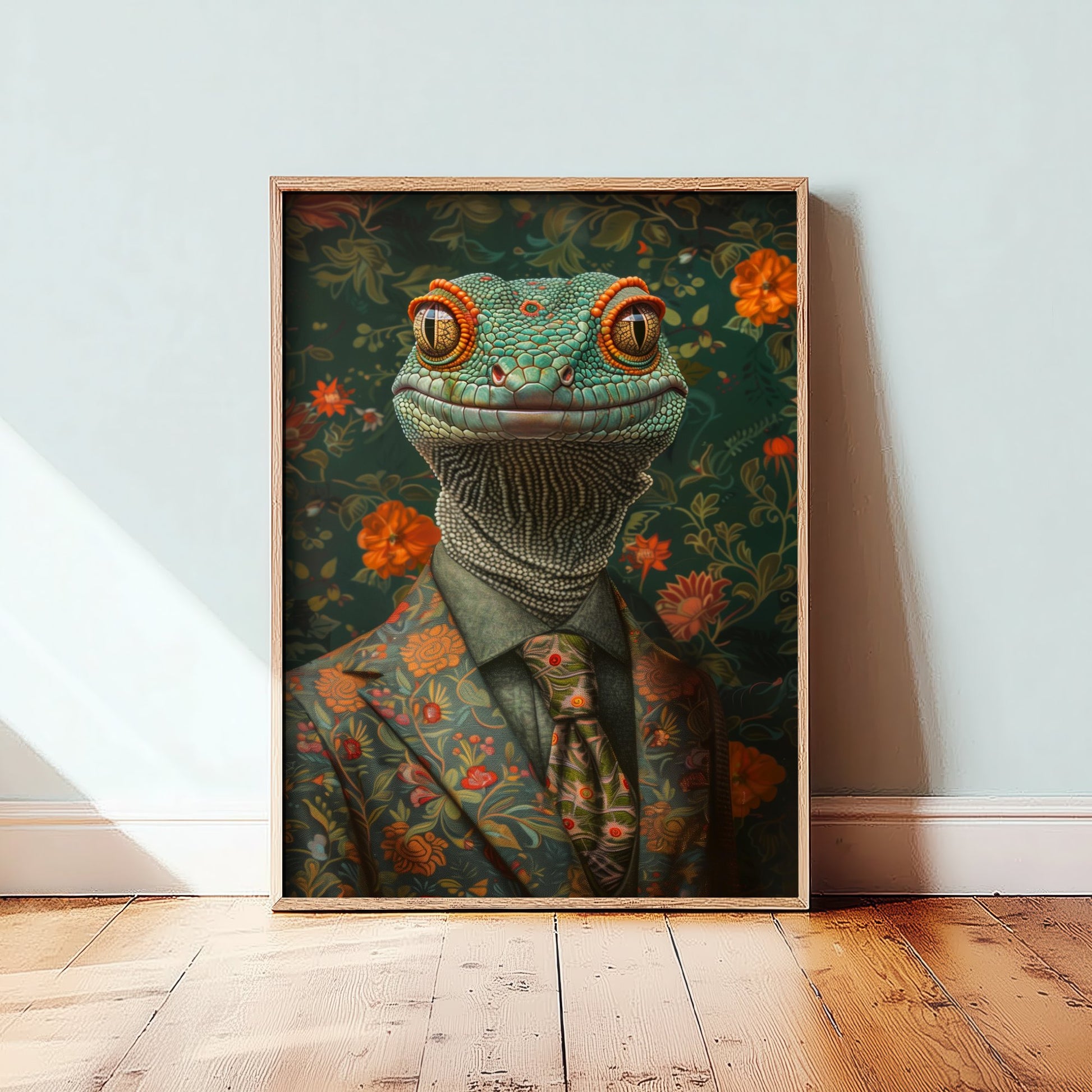 Gecko in a Suit Art Print - Whimsical Animal Portrait Poster - Quirky Gecko Painting - Floral Dandy 1/3