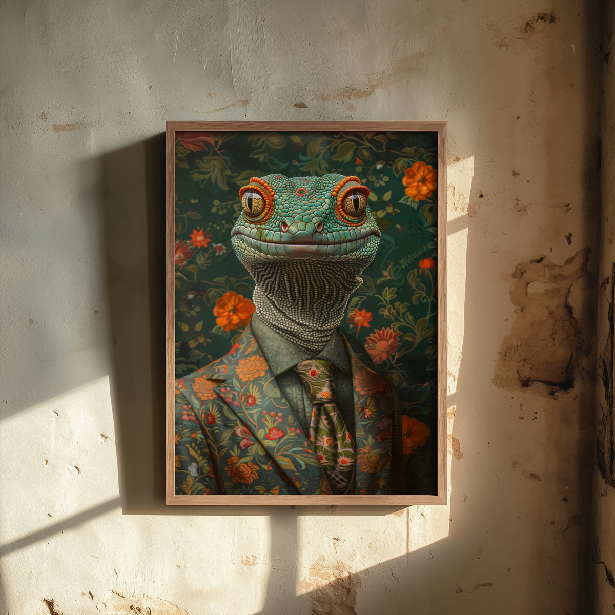 Gecko in a Suit Art Print - Whimsical Animal Portrait Poster - Quirky Gecko Painting - Floral Dandy 1/3