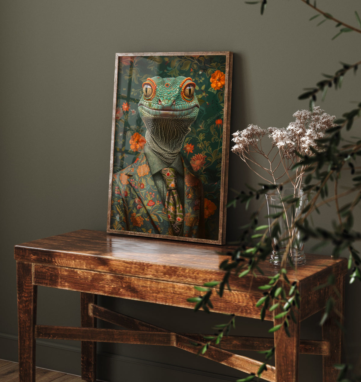 Gecko in a Suit Art Print - Whimsical Animal Portrait Poster - Quirky Gecko Painting - Floral Dandy 1/3