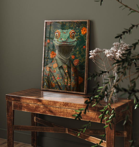 Gecko in a Suit Art Print - Whimsical Animal Portrait Poster - Quirky Gecko Painting - Floral Dandy 1/3