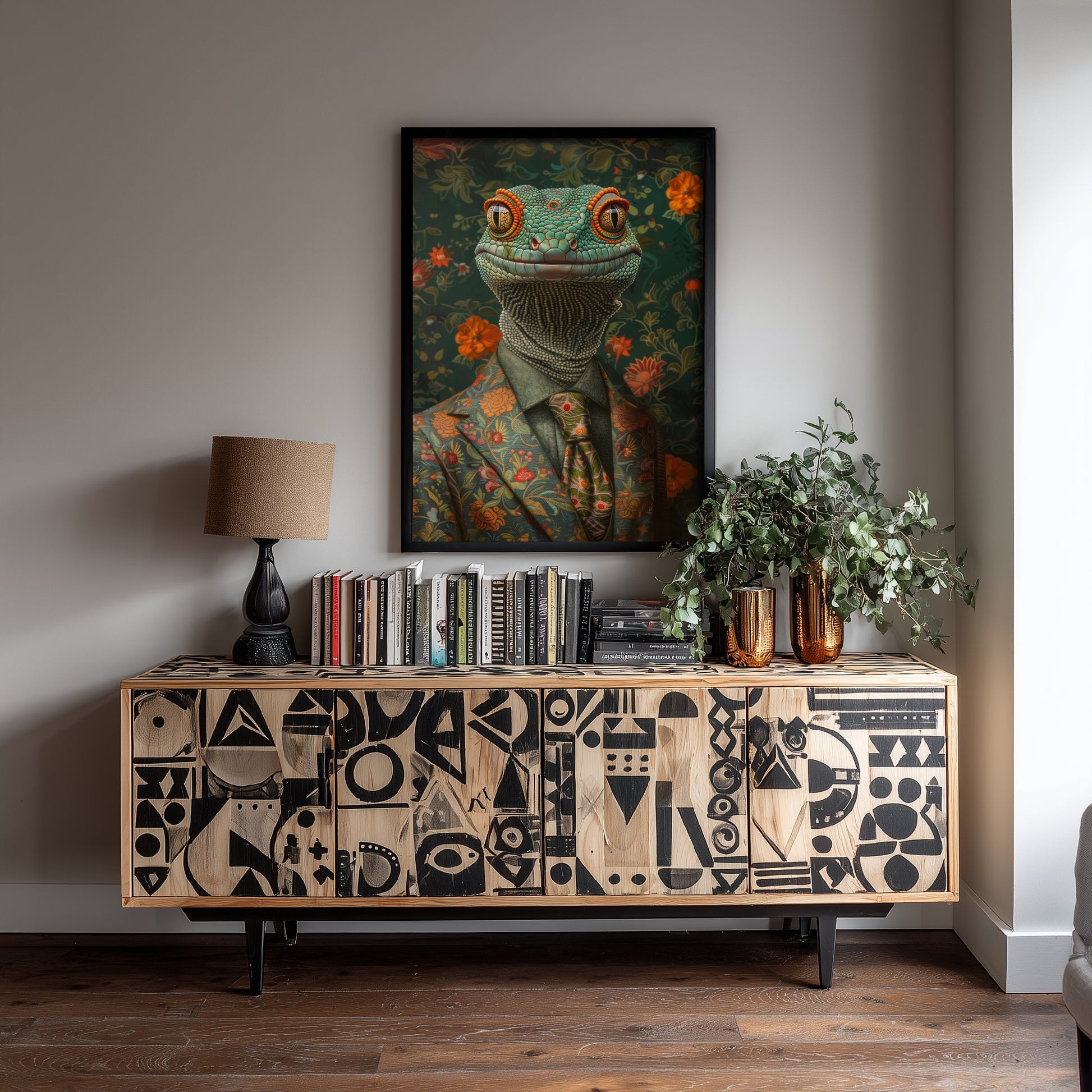 Gecko in a Suit Art Print - Whimsical Animal Portrait Poster - Quirky Gecko Painting - Floral Dandy 1/3