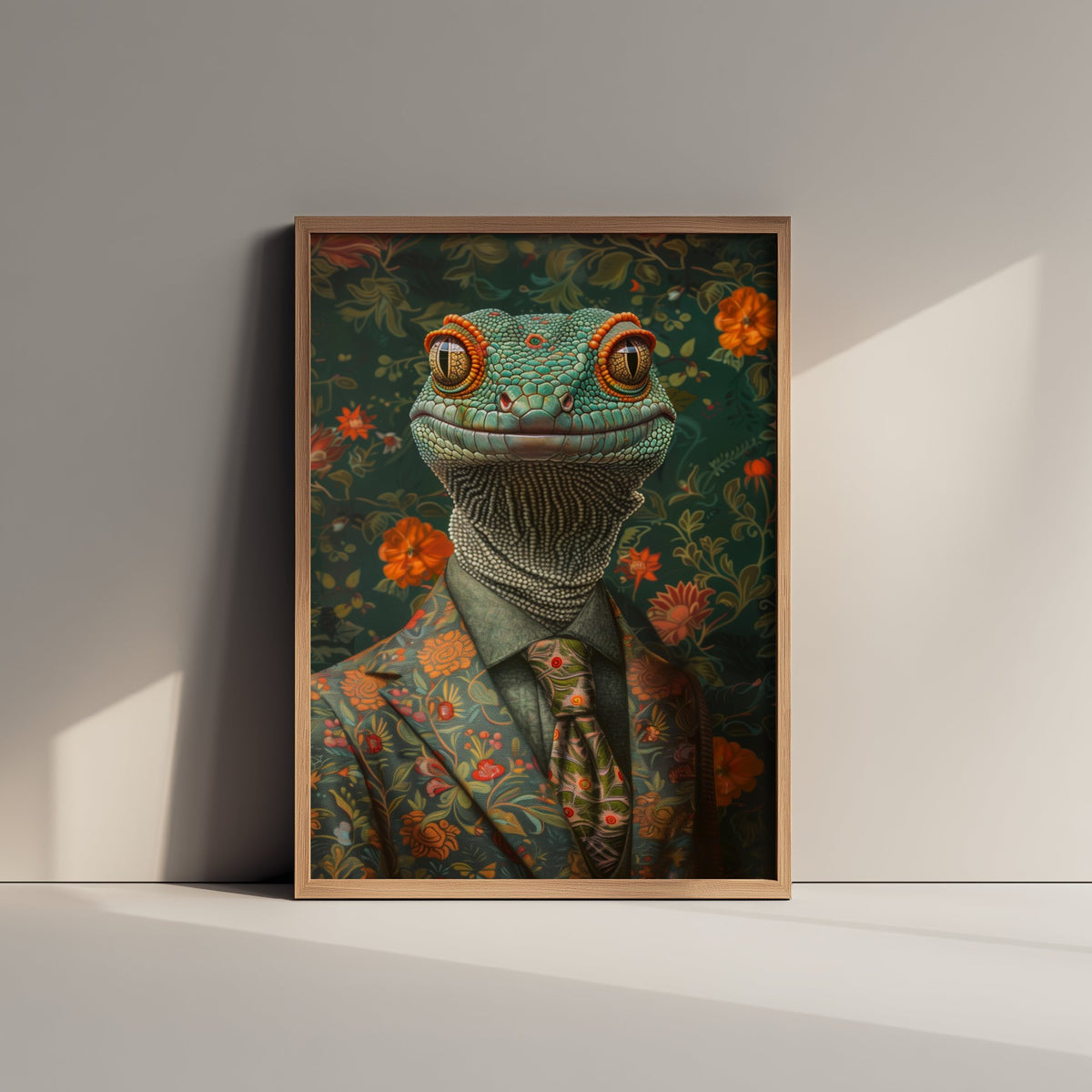 Gecko in a Suit Art Print - Whimsical Animal Portrait Poster - Quirky Gecko Painting - Floral Dandy 1/3