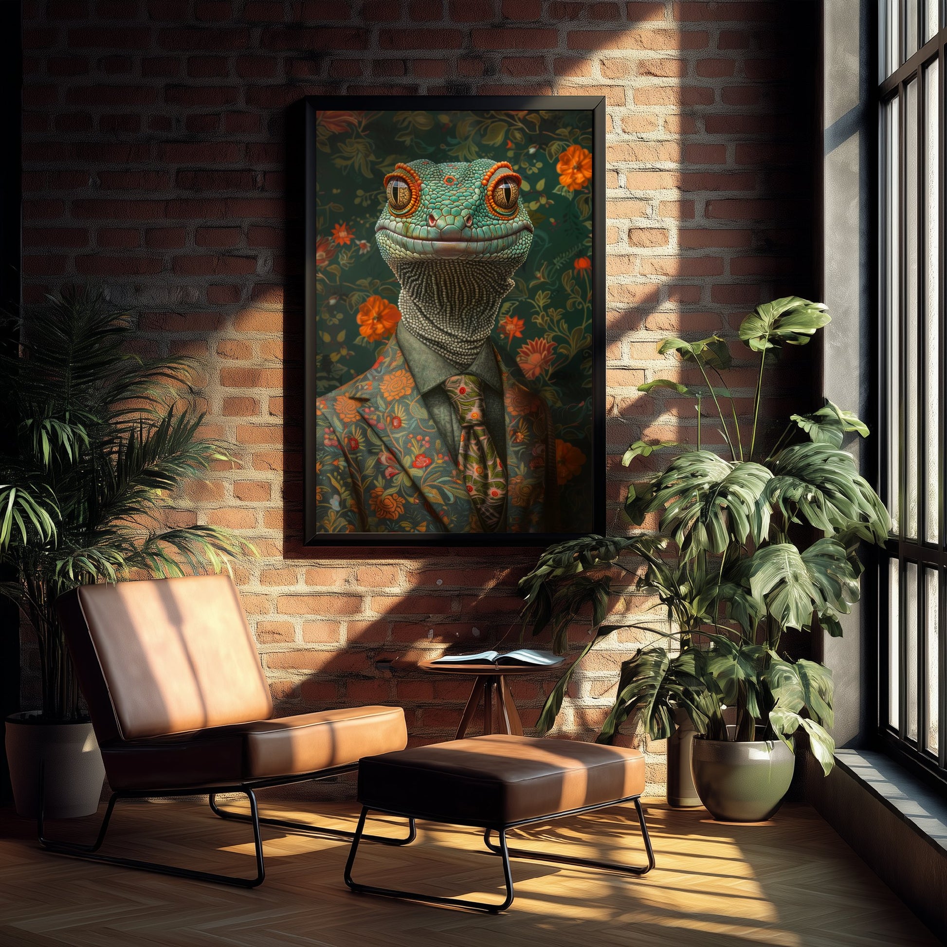 Gecko in a Suit Art Print - Whimsical Animal Portrait Poster - Quirky Gecko Painting - Floral Dandy 1/3