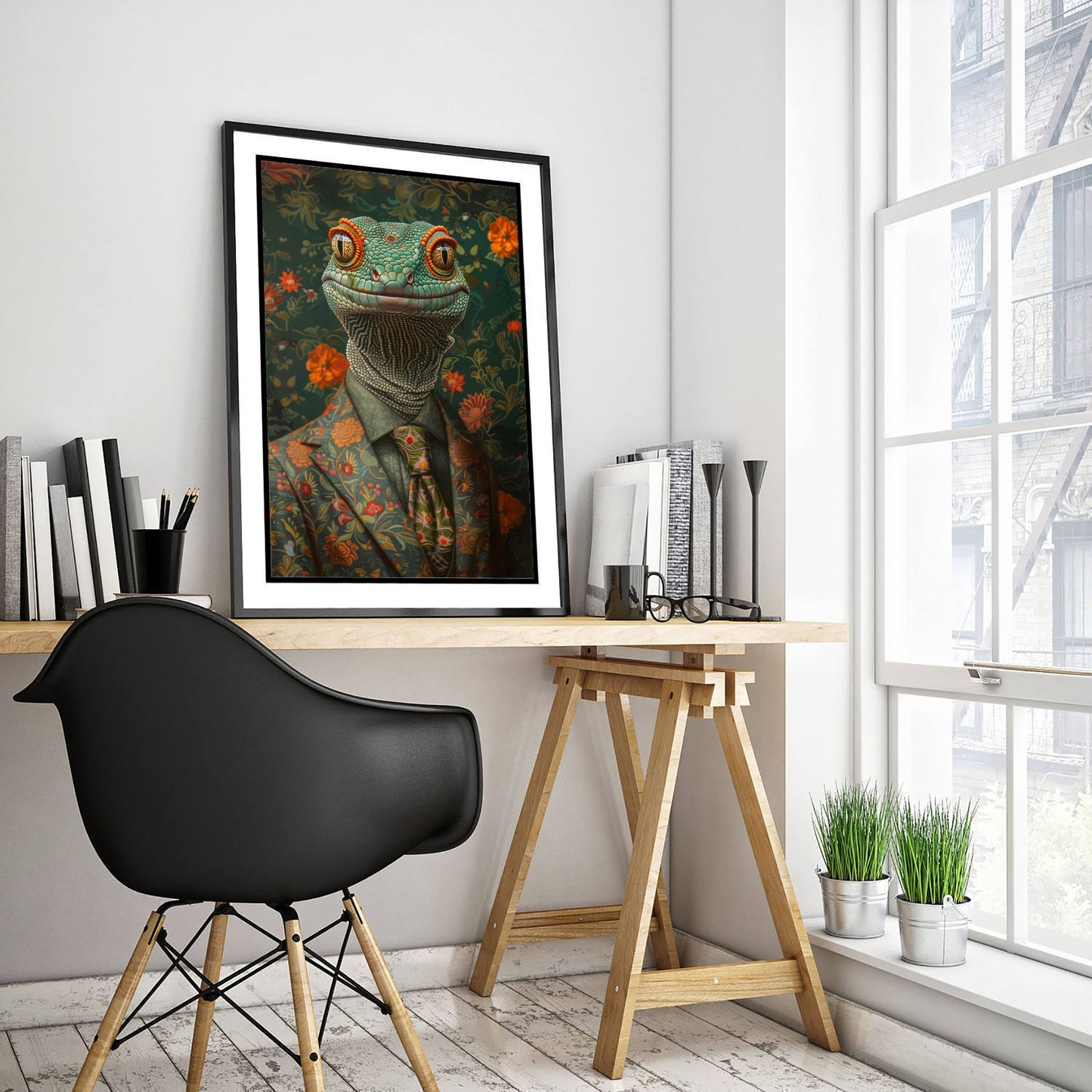 Gecko in a Suit Art Print - Whimsical Animal Portrait Poster - Quirky Gecko Painting - Floral Dandy 1/3