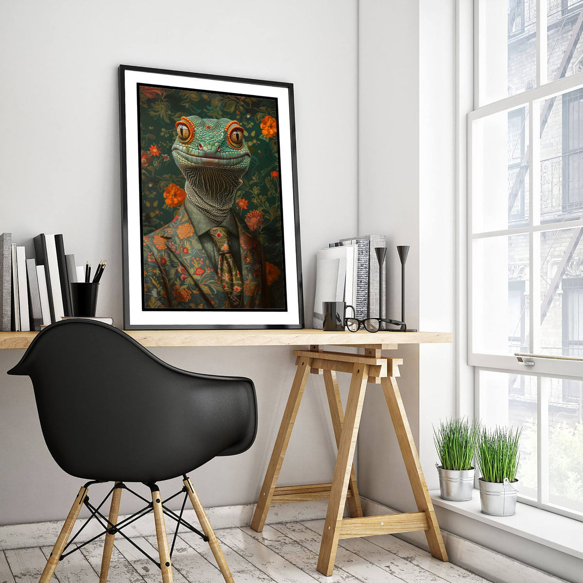 Gecko in a Suit Art Print - Whimsical Animal Portrait Poster - Quirky Gecko Painting - Floral Dandy 1/3