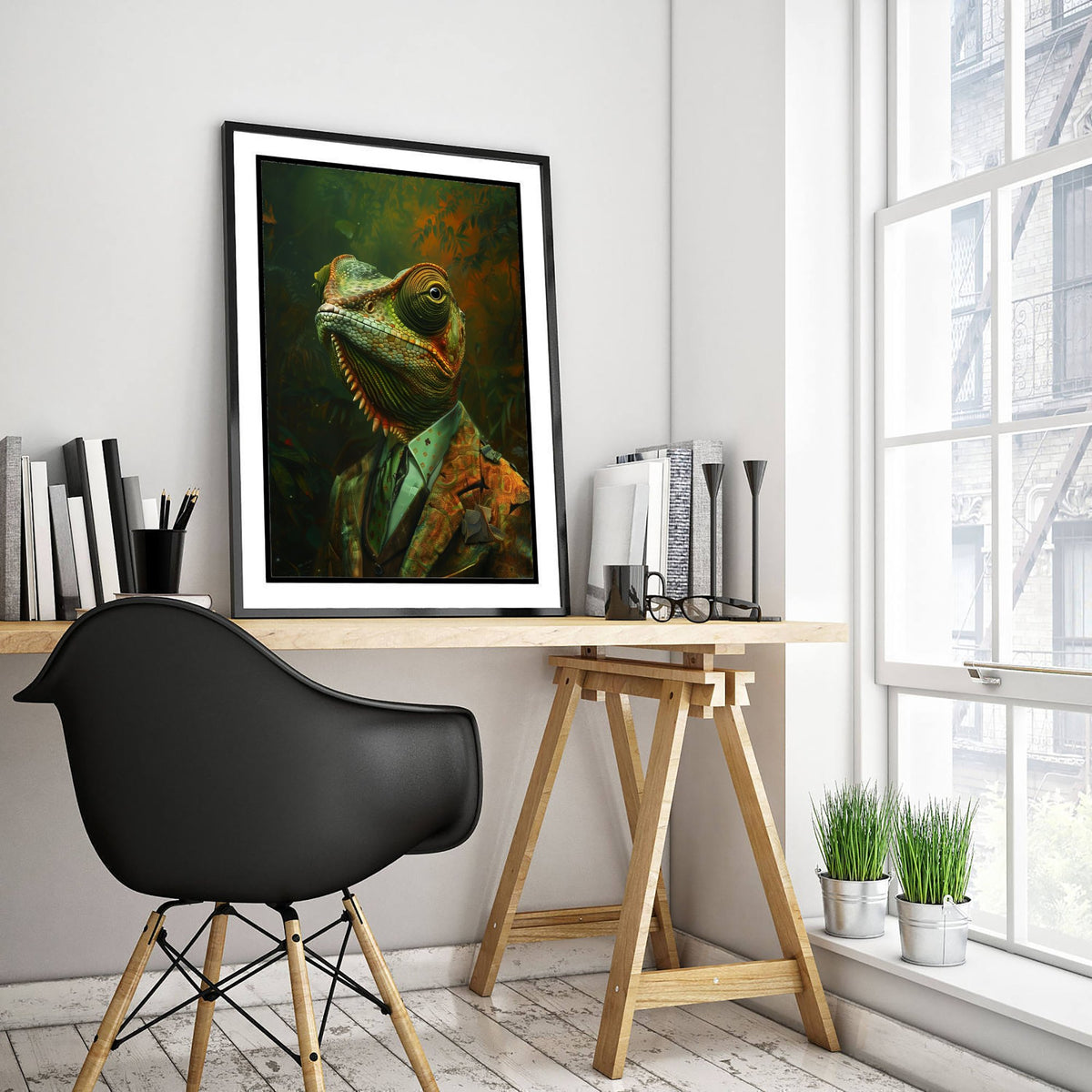 Chameleon in a Suit Art Print - Whimsical Animal Portrait Poster - Quirky Chameleon Painting - Dapper Gent 2/3