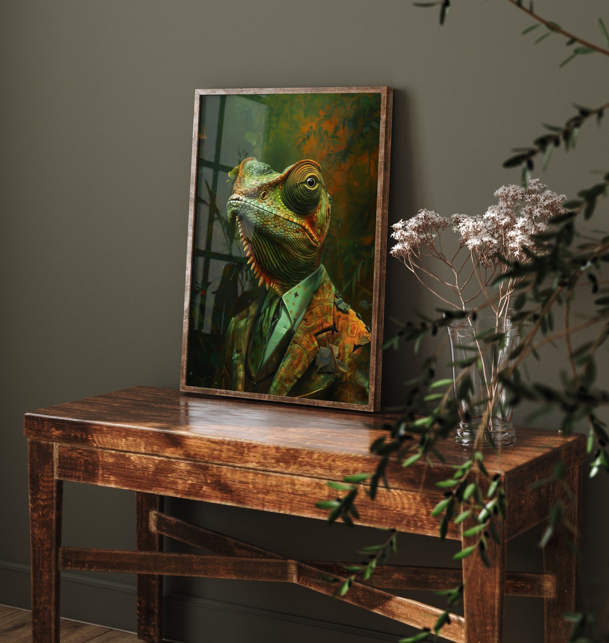 Chameleon in a Suit Art Print - Whimsical Animal Portrait Poster - Quirky Chameleon Painting - Dapper Gent 2/3