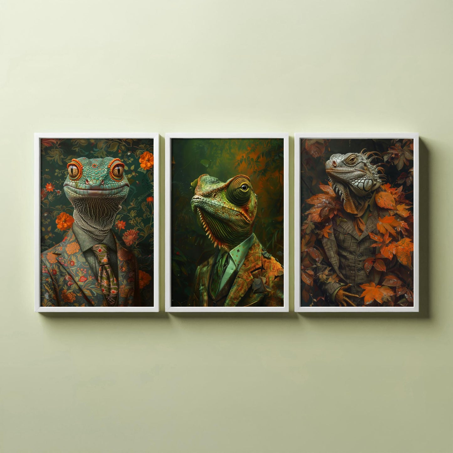 Animals in Suits Set of Three Art Prints - Gecko, Chameleon, Iguana Portrait Posters - Dapper Reptile Painting Wall Art
