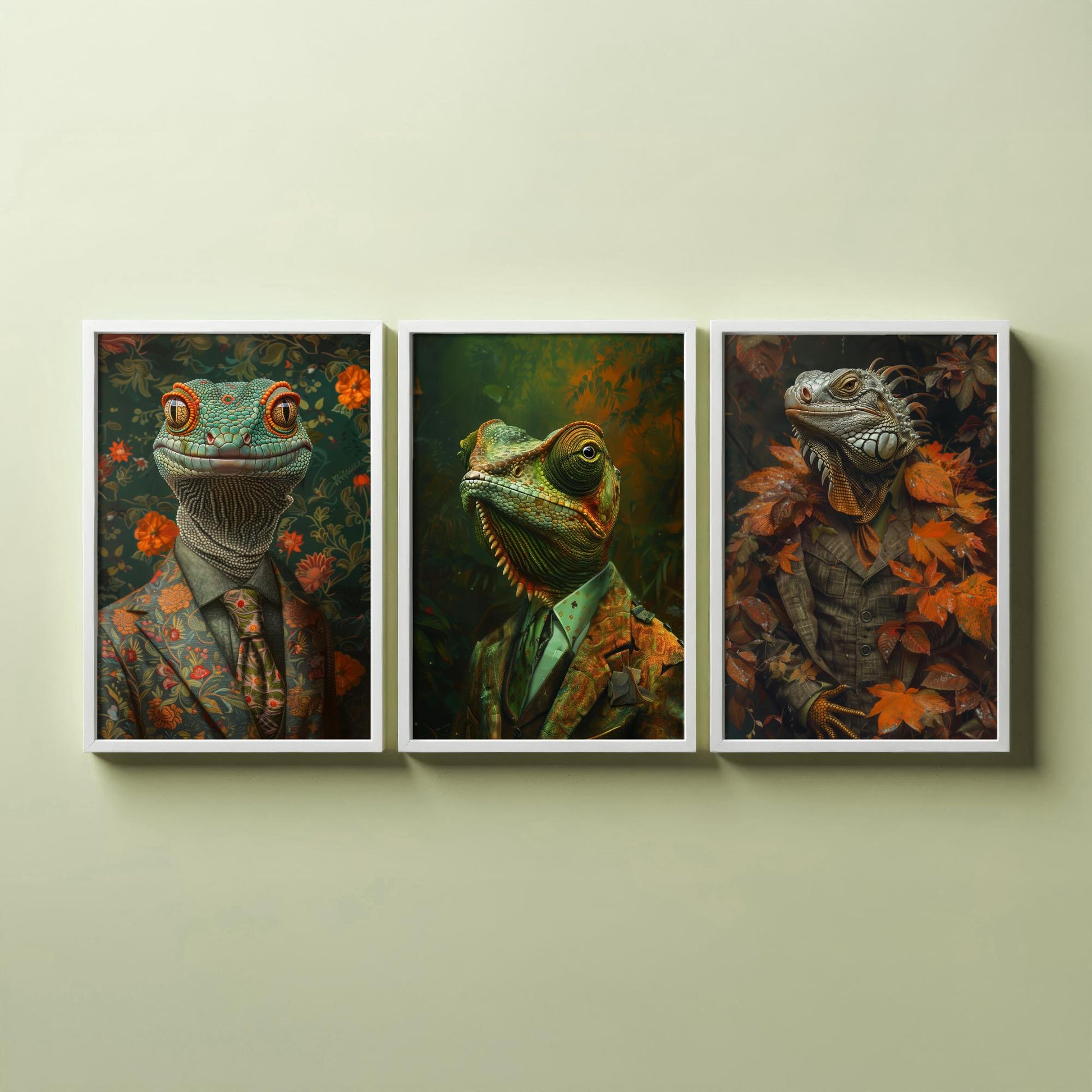 Animals in Suits Set of Three Art Prints - Gecko, Chameleon, Iguana Portrait Posters - Dapper Reptile Painting Wall Art