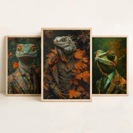 Animals in Suits Set of Three Art Prints - Gecko, Chameleon, Iguana Portrait Posters - Dapper Reptile Painting Wall Art