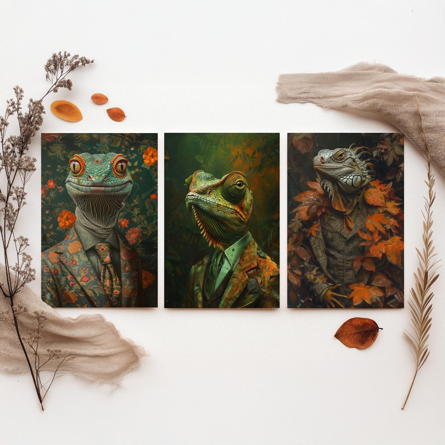 Animals in Suits Set of Three Art Prints - Gecko, Chameleon, Iguana Portrait Posters - Dapper Reptile Painting Wall Art