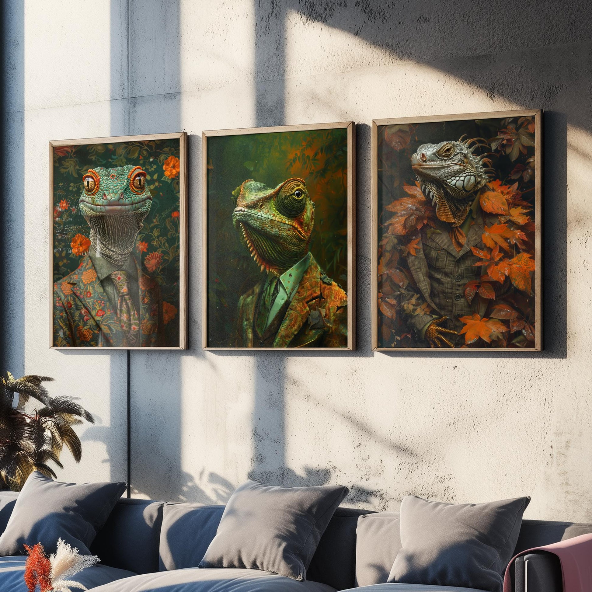 Animals in Suits Set of Three Art Prints - Gecko, Chameleon, Iguana Portrait Posters - Dapper Reptile Painting Wall Art