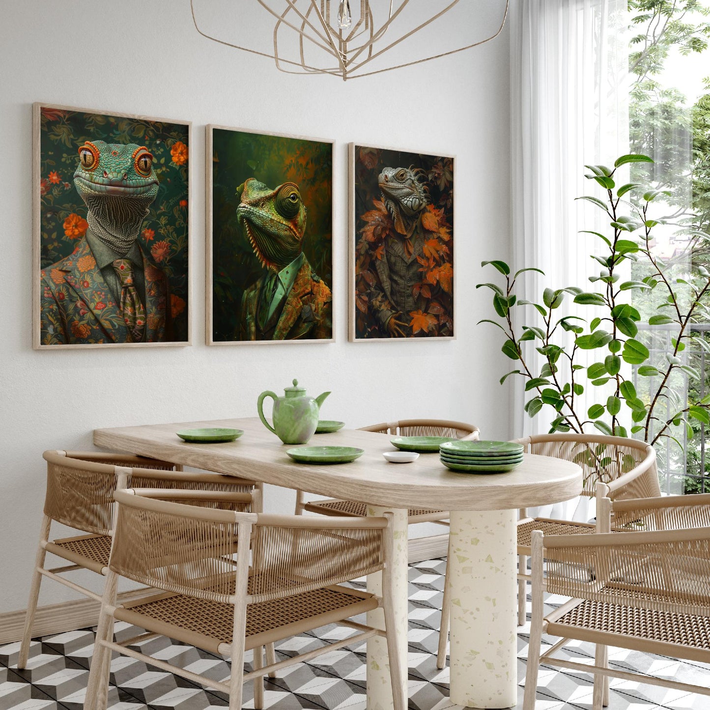 Animals in Suits Set of Three Art Prints - Gecko, Chameleon, Iguana Portrait Posters - Dapper Reptile Painting Wall Art