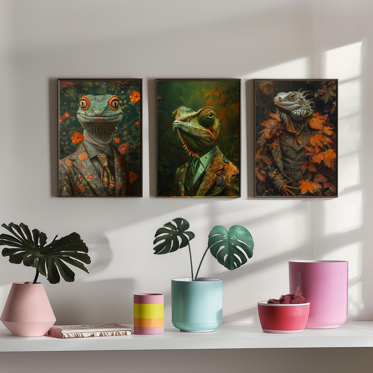 Animals in Suits Set of Three Art Prints - Gecko, Chameleon, Iguana Portrait Posters - Dapper Reptile Painting Wall Art