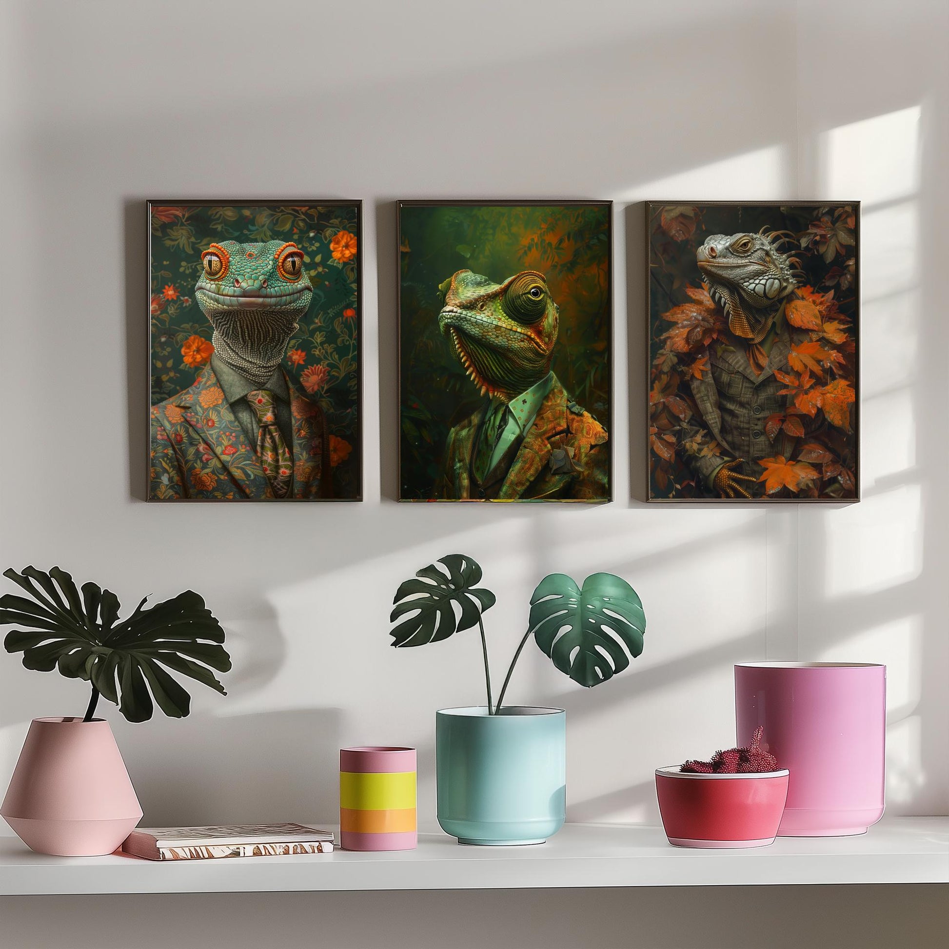 Animals in Suits Set of Three Art Prints - Gecko, Chameleon, Iguana Portrait Posters - Dapper Reptile Painting Wall Art