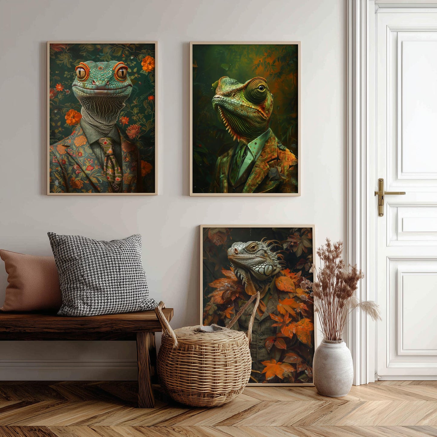 Animals in Suits Set of Three Art Prints - Gecko, Chameleon, Iguana Portrait Posters - Dapper Reptile Painting Wall Art