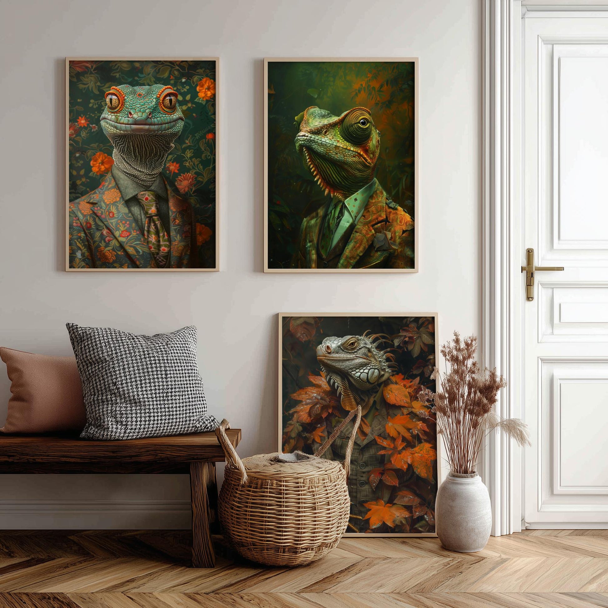 Animals in Suits Set of Three Art Prints - Gecko, Chameleon, Iguana Portrait Posters - Dapper Reptile Painting Wall Art