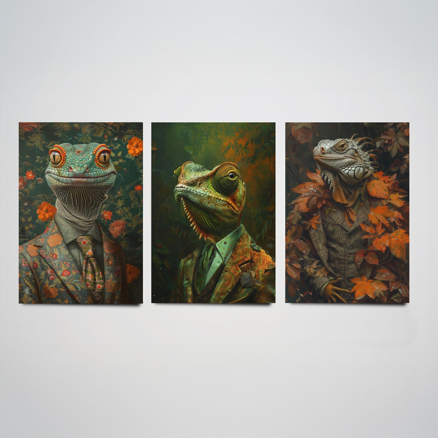 Animals in Suits Set of Three Art Prints - Gecko, Chameleon, Iguana Portrait Posters - Dapper Reptile Painting Wall Art