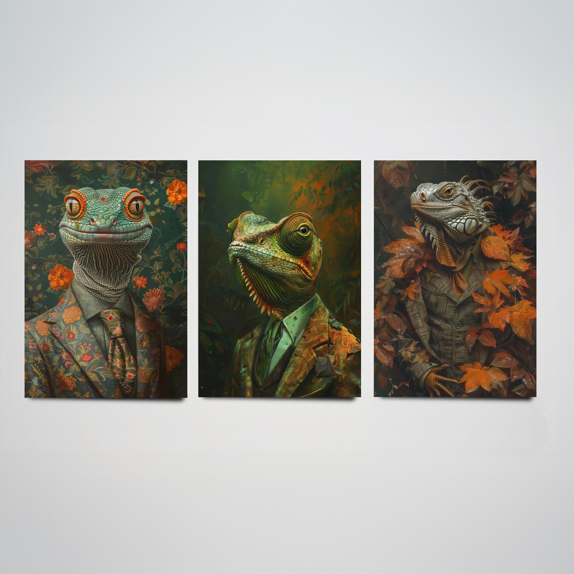 Animals in Suits Set of Three Art Prints - Gecko, Chameleon, Iguana Portrait Posters - Dapper Reptile Painting Wall Art