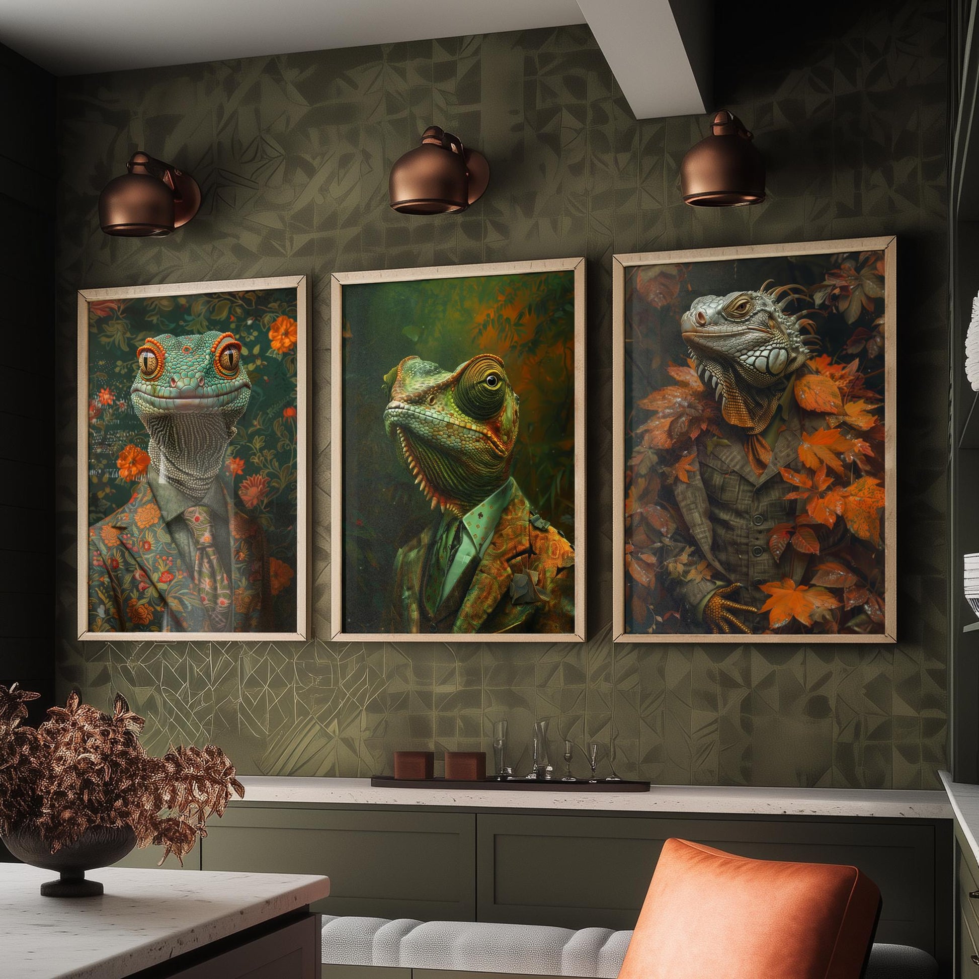 Animals in Suits Set of Three Art Prints - Gecko, Chameleon, Iguana Portrait Posters - Dapper Reptile Painting Wall Art