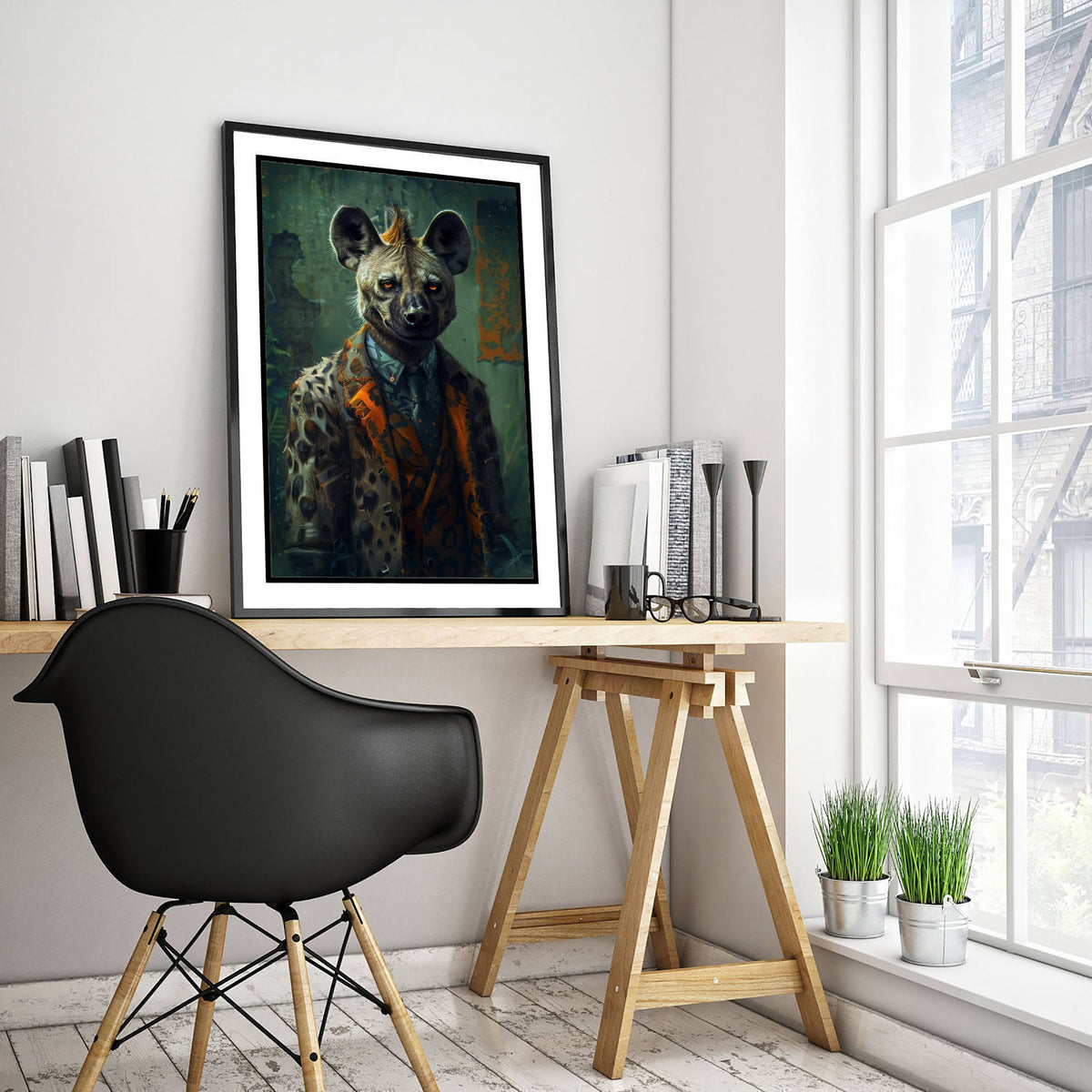 Hyena in a Suit Art Print - Whimsical Animal Portrait Poster - Quirky Hyena Painting - Bold Dandy 1/3
