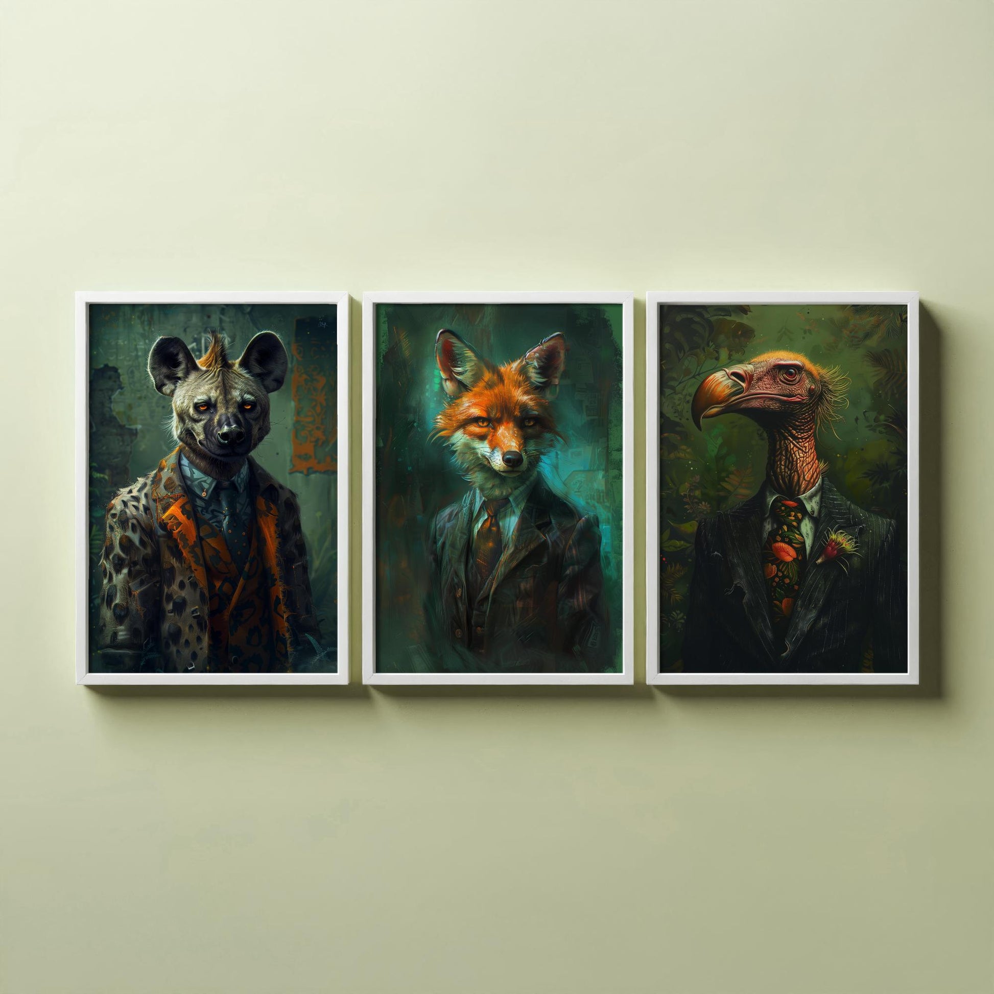 Animals in Suits Set of Three Art Prints - Hyena, Jackal, Vulture Portrait Posters - Savannah Scoundrels Painting Decor