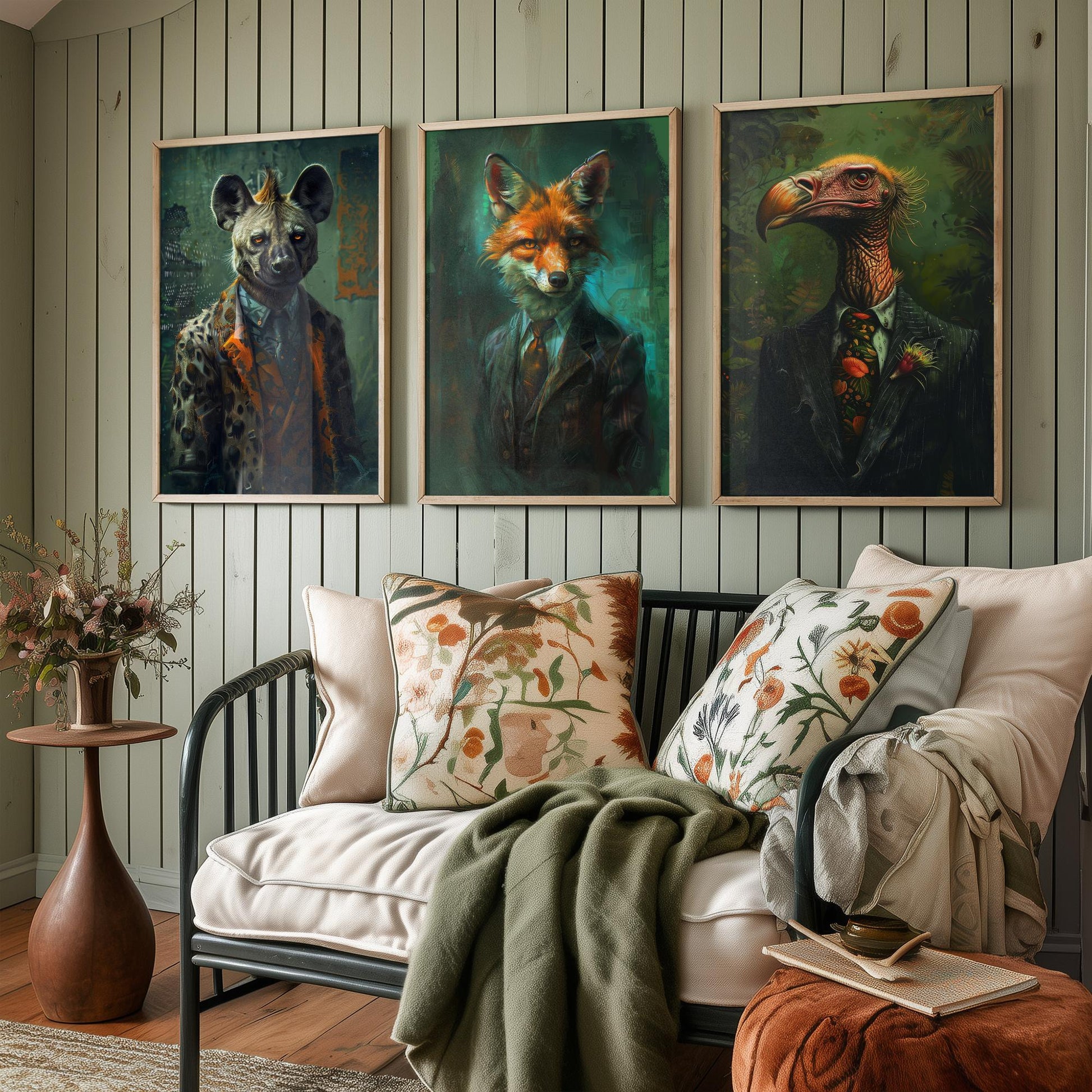 Animals in Suits Set of Three Art Prints - Hyena, Jackal, Vulture Portrait Posters - Savannah Scoundrels Painting Decor