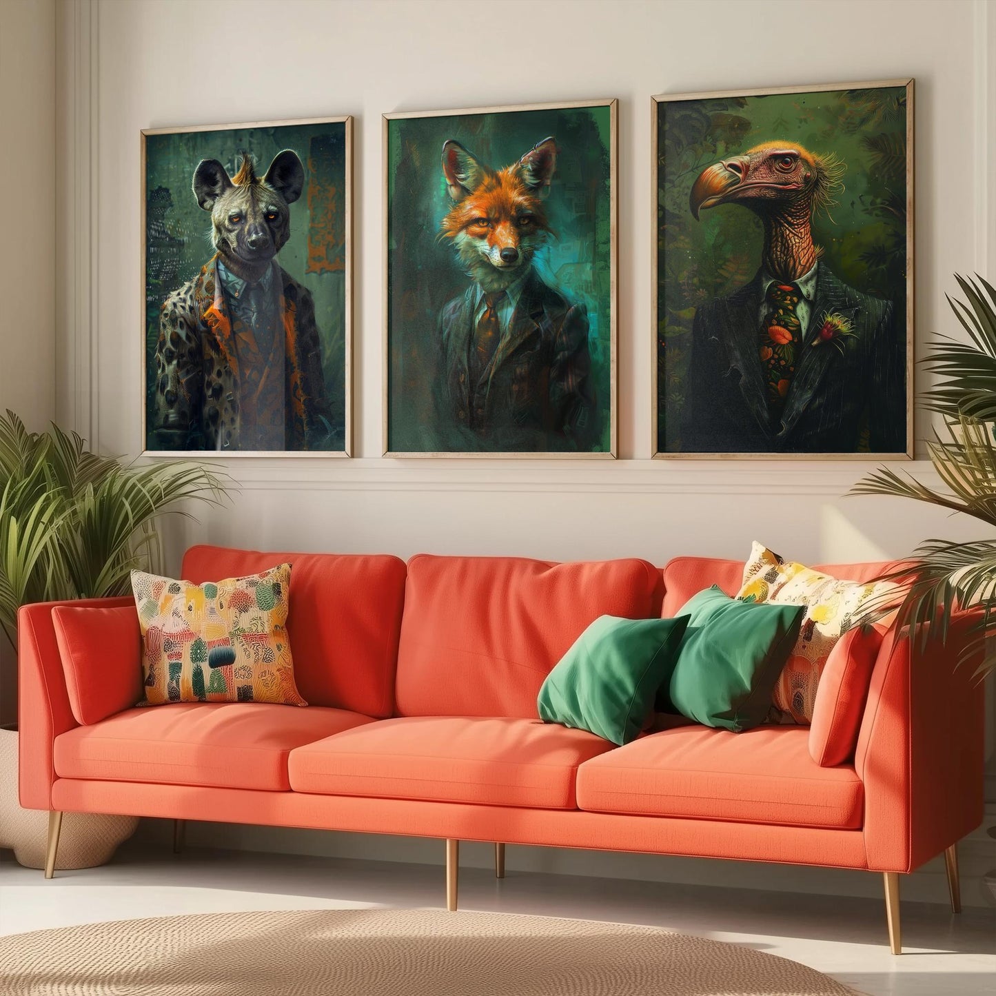 Animals in Suits Set of Three Art Prints - Hyena, Jackal, Vulture Portrait Posters - Savannah Scoundrels Painting Decor